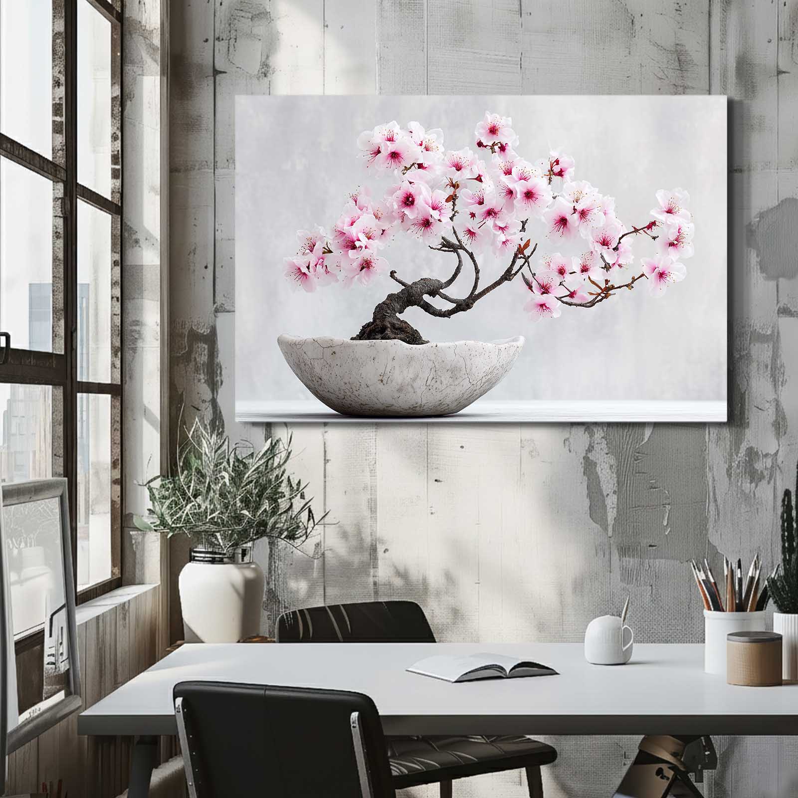 Bonsai In Bowl Cherry Blossom Wall Decor – styled in a furnished interior