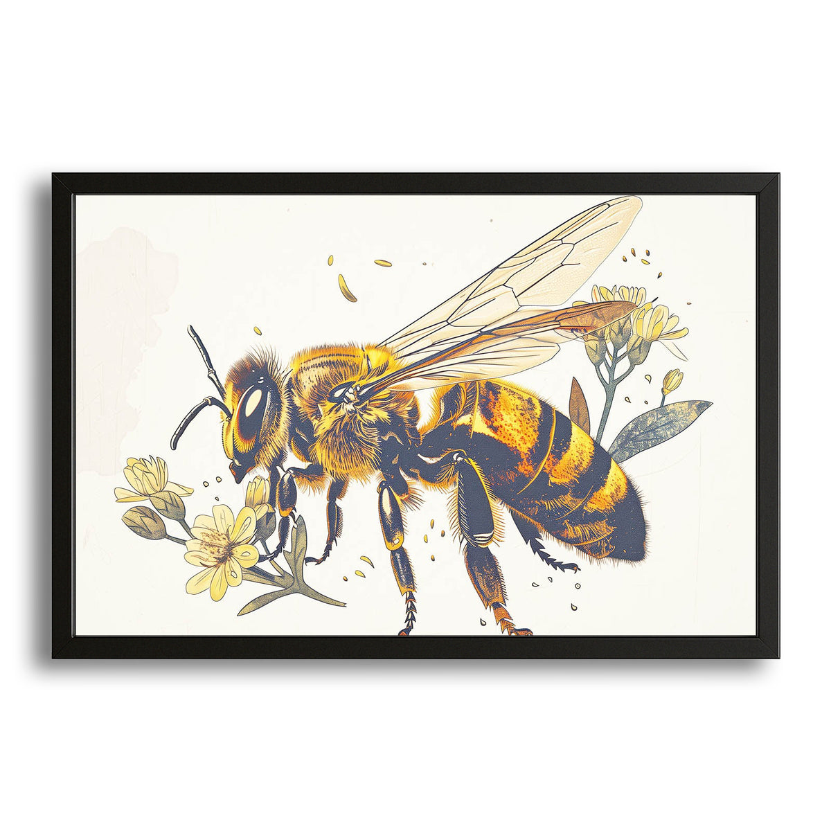 Botanical Bee Illustration — botanical canvas print in white tones, with Premium Black frame on white background
