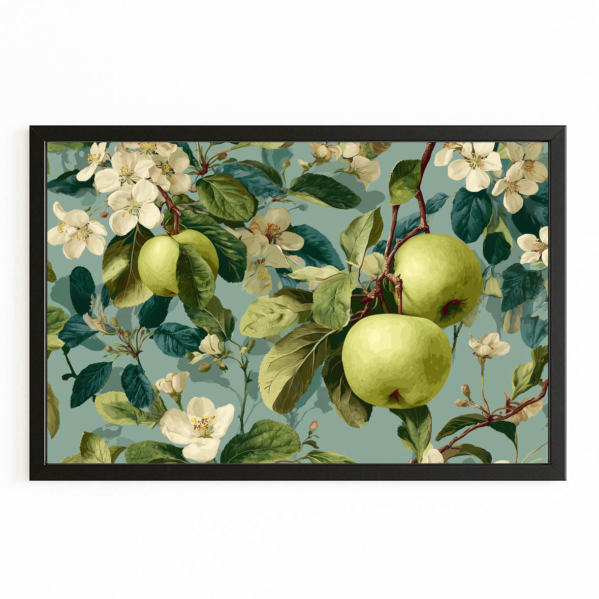 Botanical Blossom Green Apple Canvas – with Premium Black frame on white background