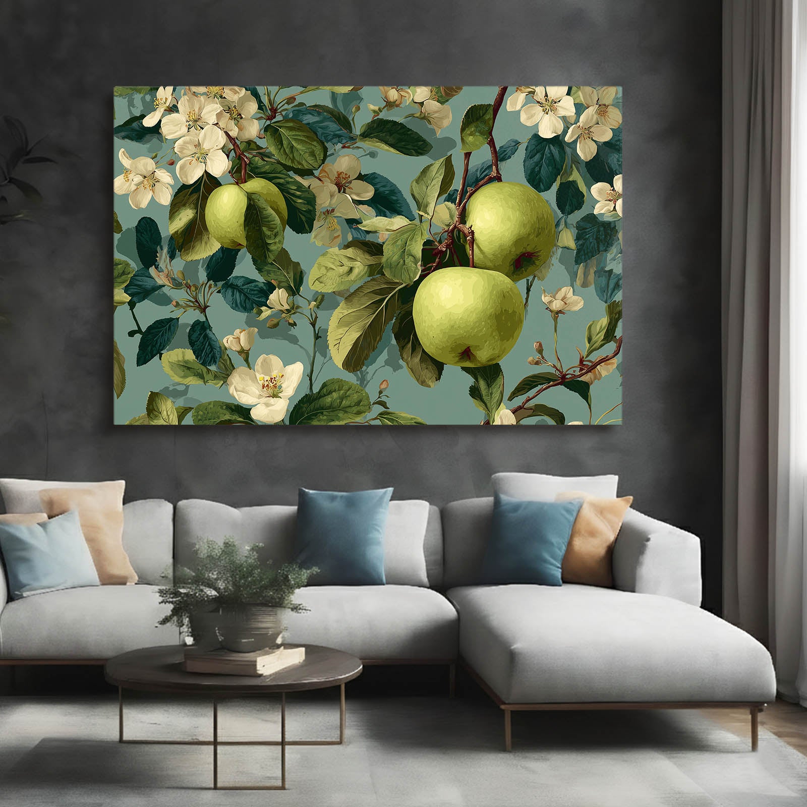Botanical Blossom Green Apple Canvas – styled in a furnished interior