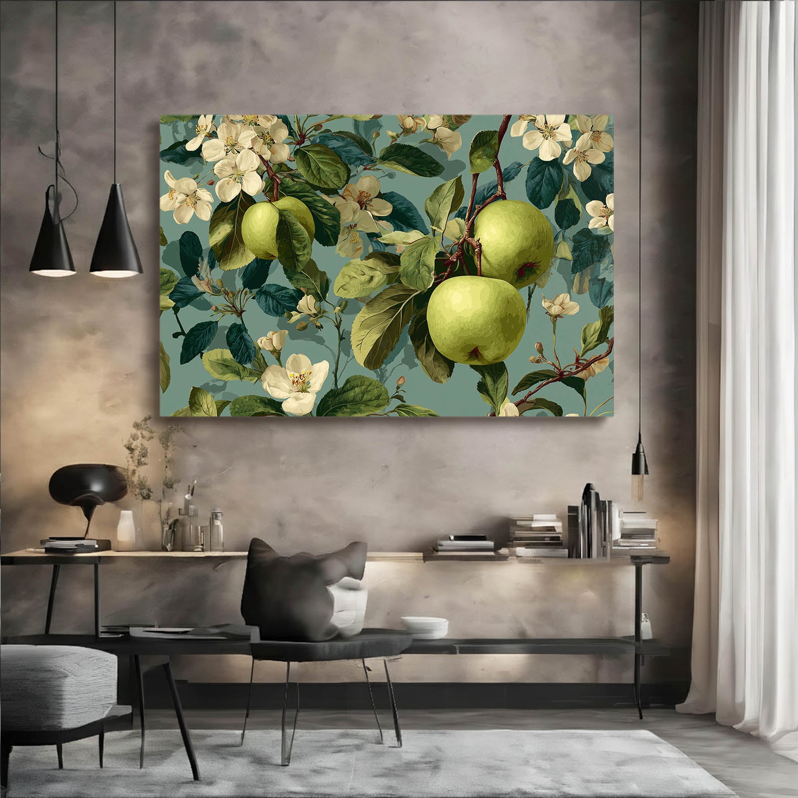 Botanical Blossom Green Apple Canvas – styled in a furnished interior