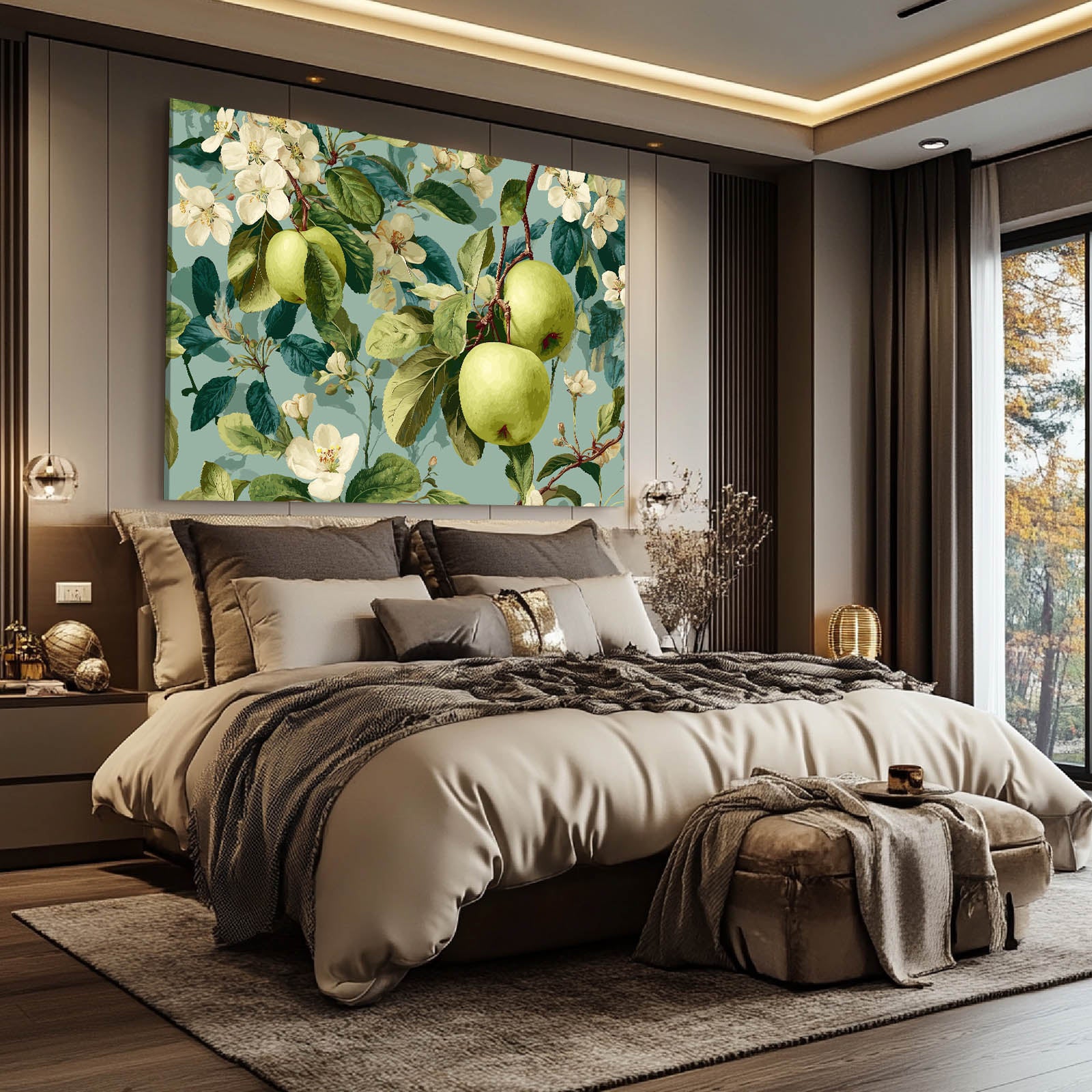 Botanical Blossom Green Apple Canvas – styled in a furnished interior