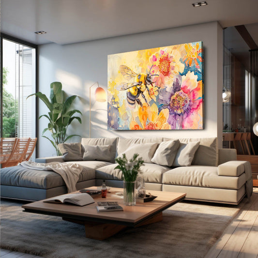 Botanical Dream Bee Art — watercolor canvas print in orange tones, view 3