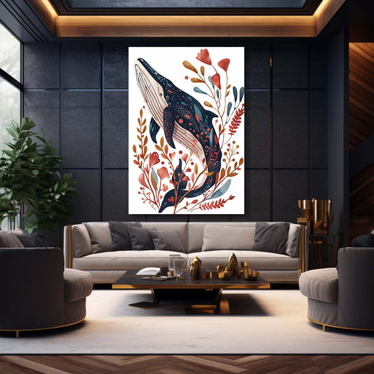 Botanical Embrace Whale Art — digital canvas print in white tones, view 3