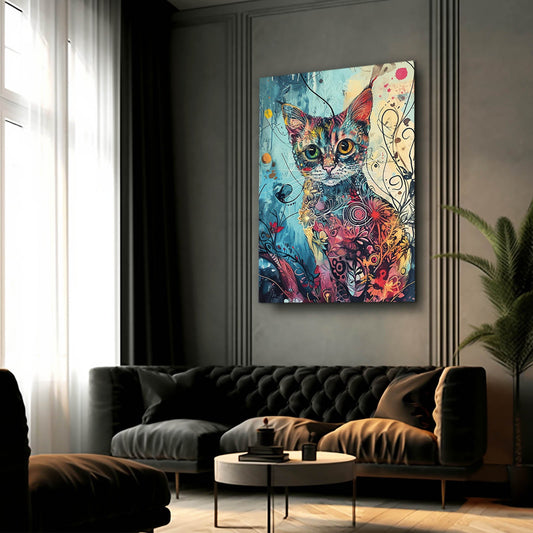Botanical Fantasy Cat Art — digital canvas print in blue tones, view 3