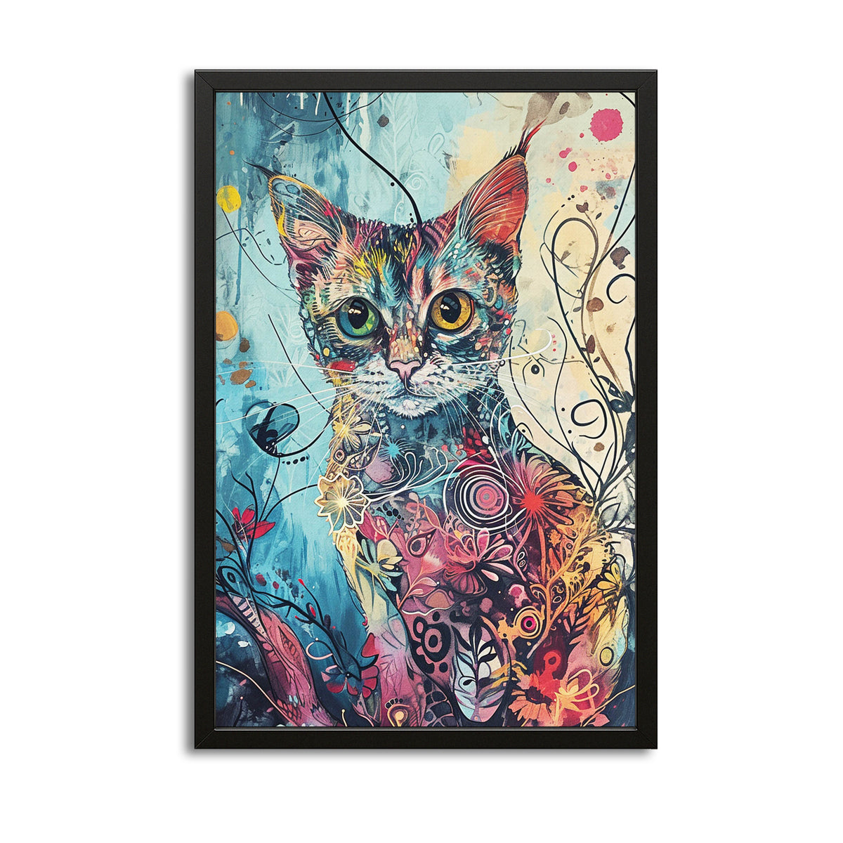 Botanical Fantasy Cat Art — digital canvas print in blue tones, with Premium Black frame on white background