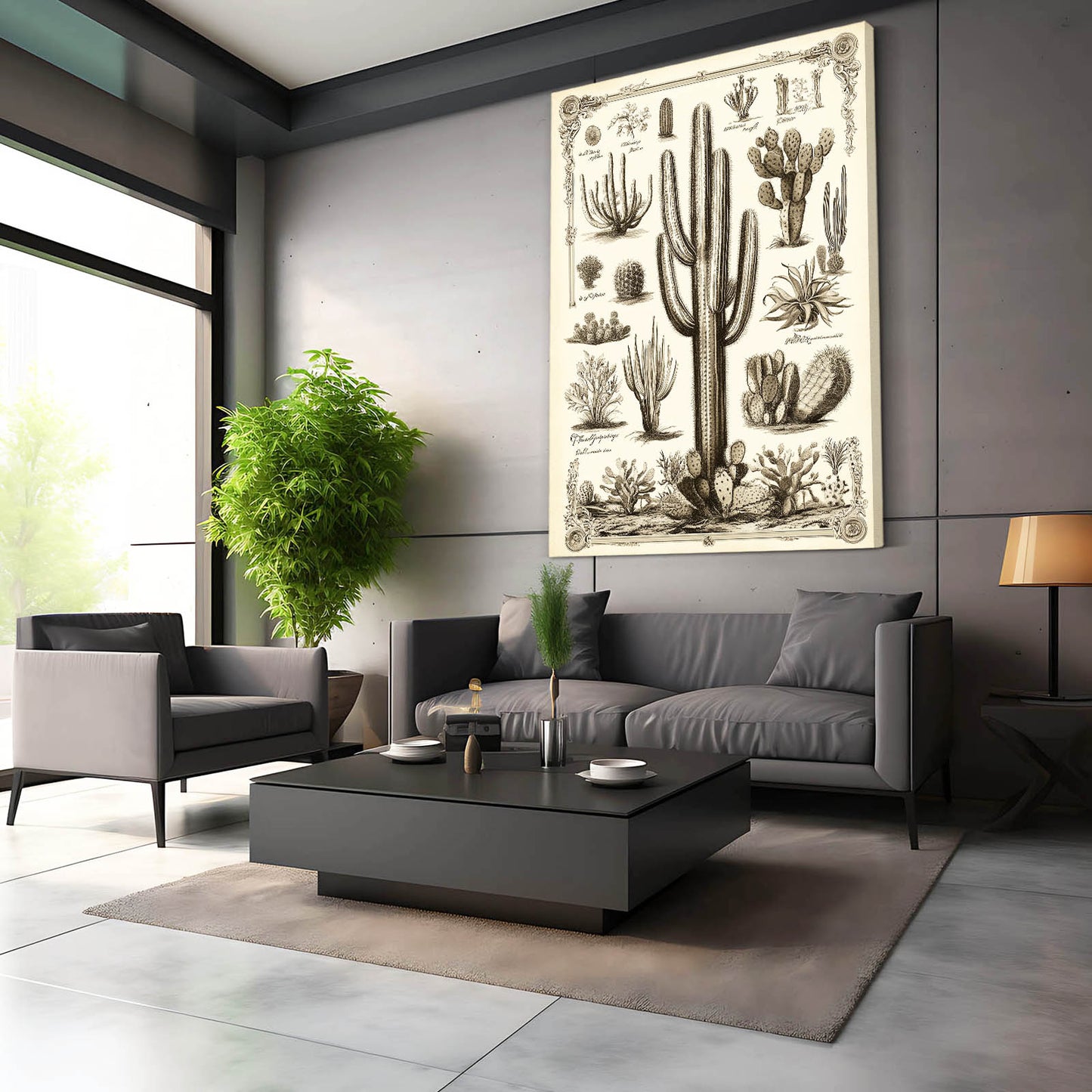Botanical Plate Study Cactus Canvas – styled in a furnished interior