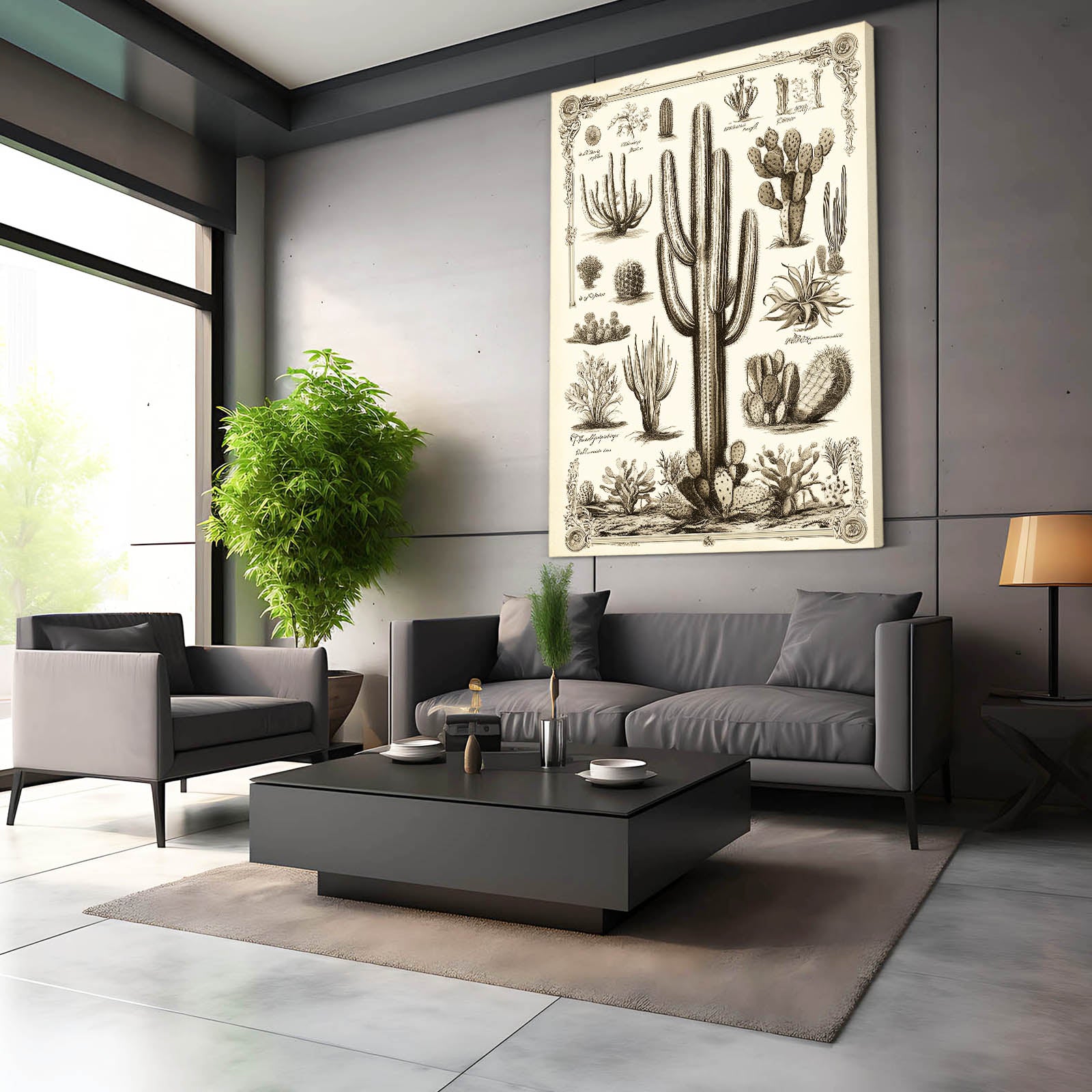Botanical Plate Study Cactus Canvas – styled in a furnished interior