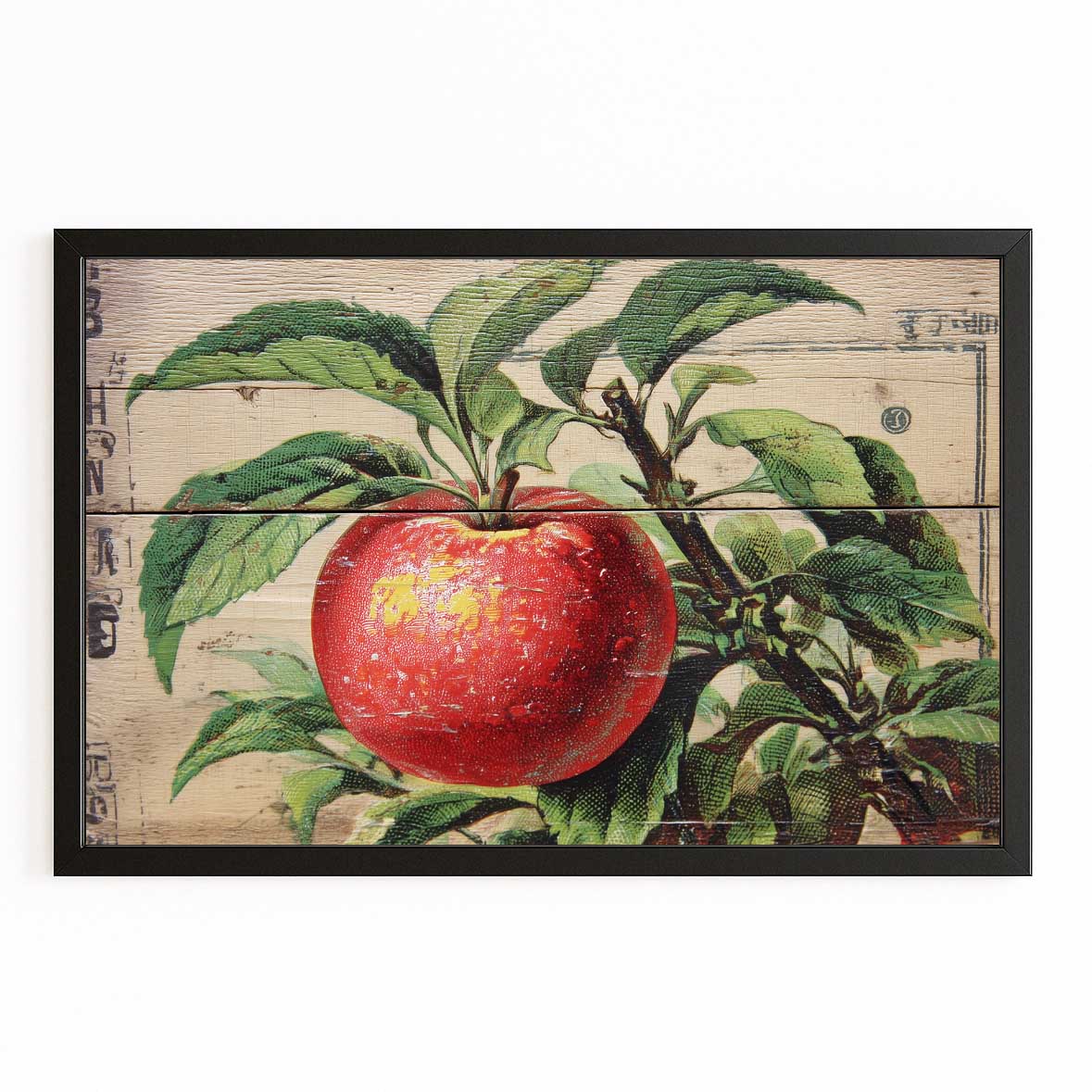 Botanical Wood Panel Apple Prints – with Premium Black frame on white background