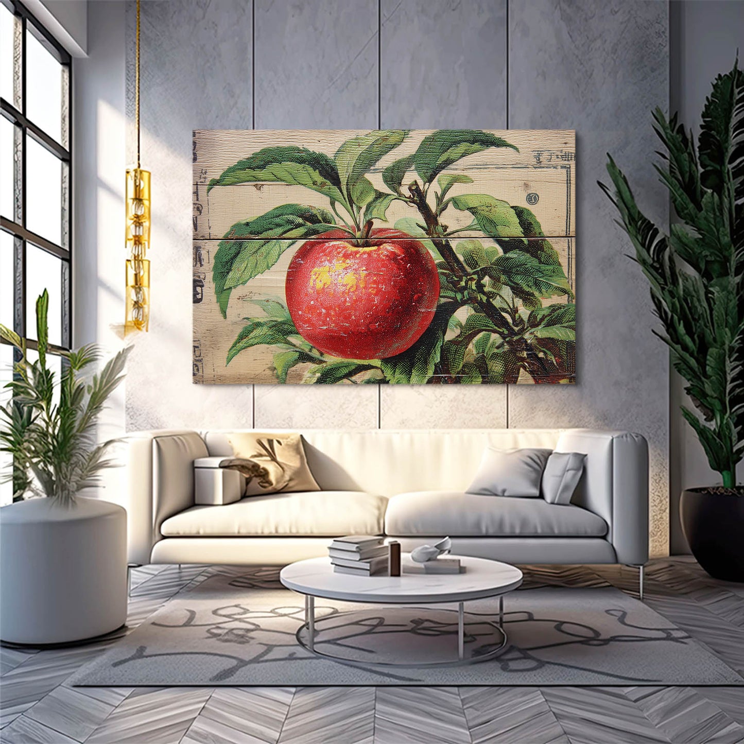 Botanical Wood Panel Apple Prints – styled in a furnished interior