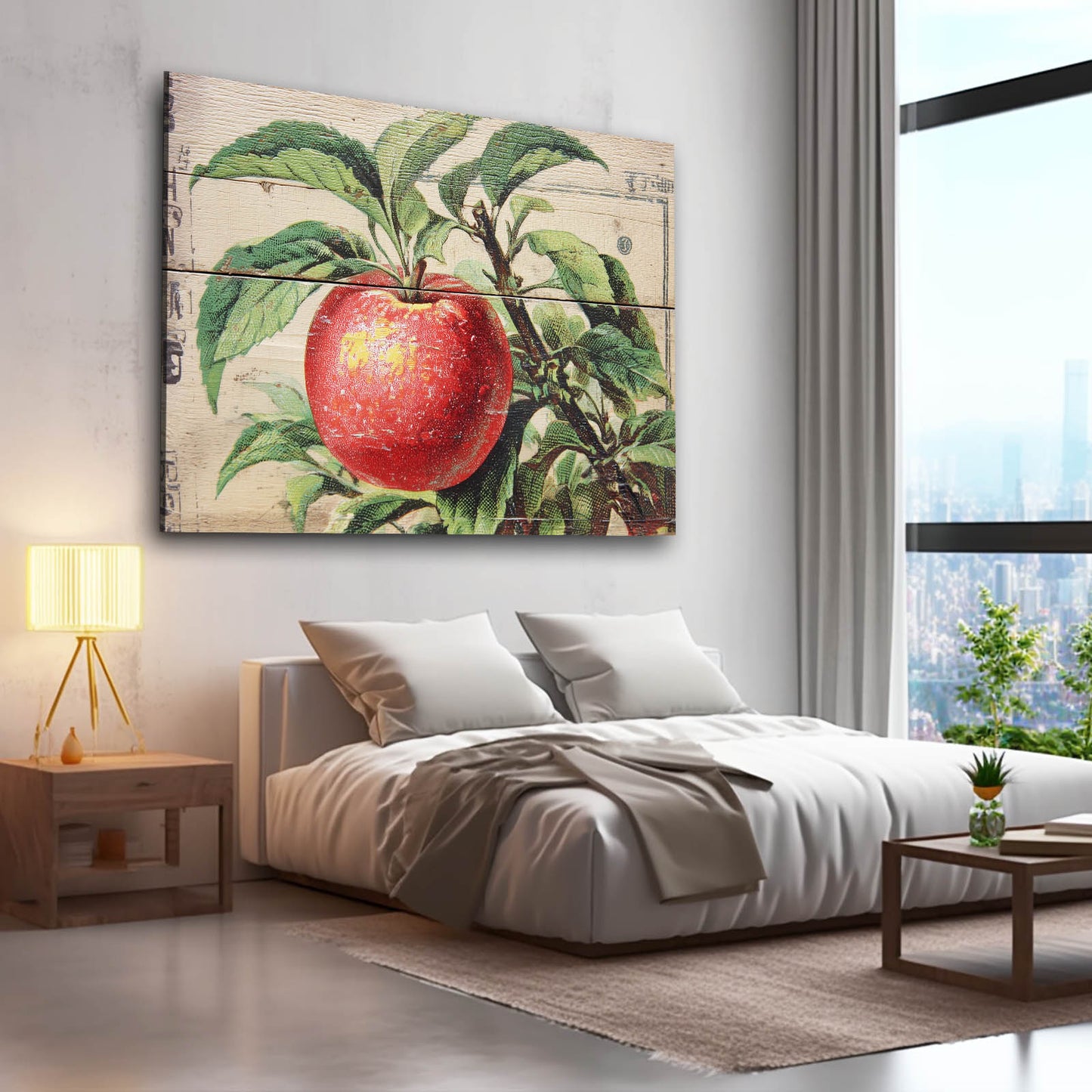 Botanical Wood Panel Apple Prints – styled in a furnished interior