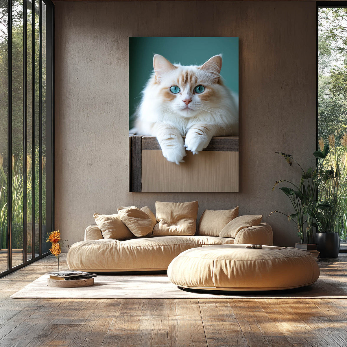 Box Perch Fluff Cat Wall Art — photography canvas print, styled in a furnished interior