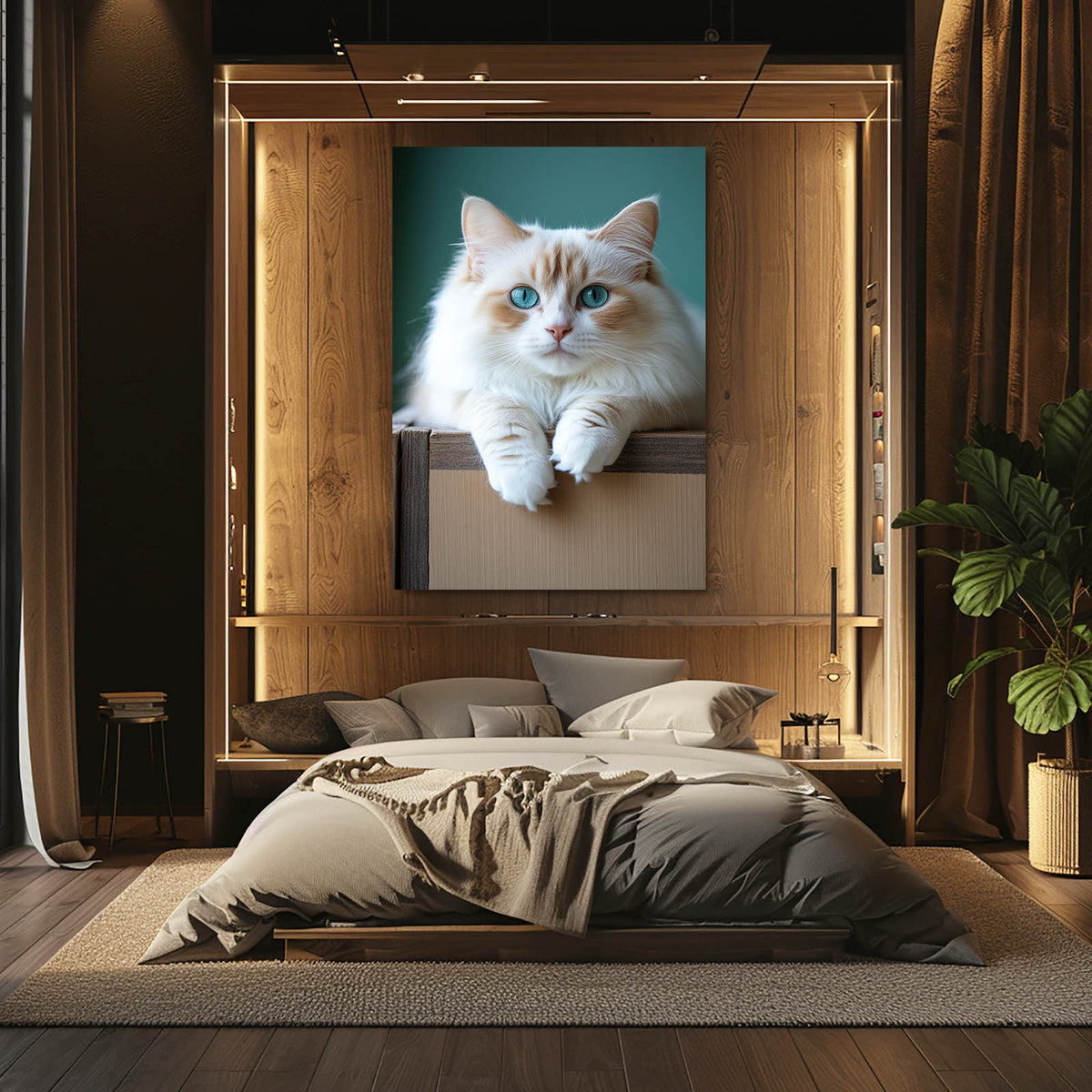 Box Perch Fluff Cat Wall Art — photography canvas print, styled in a furnished interior