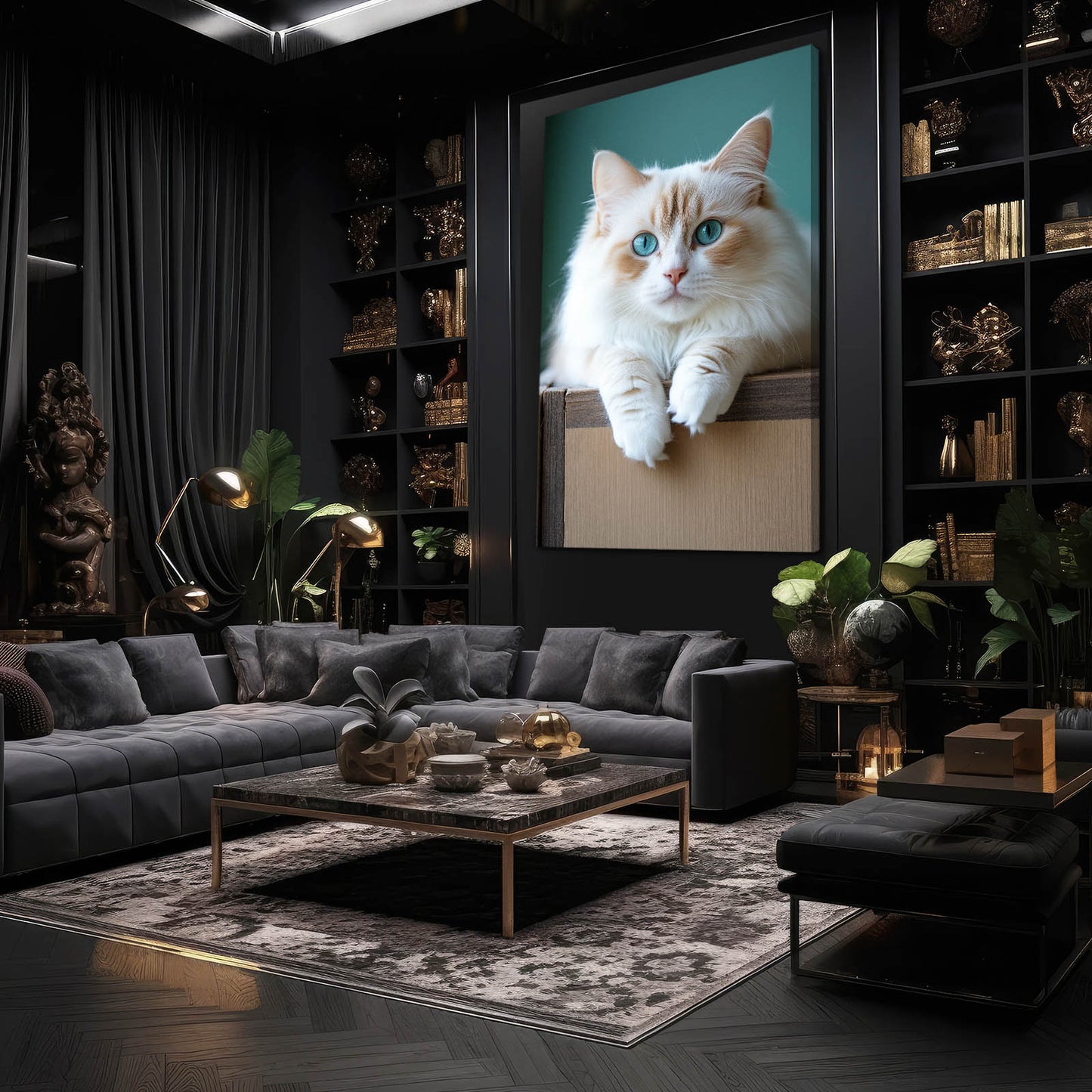 Box Perch Fluff Cat Wall Art — photography canvas print, styled in a furnished interior