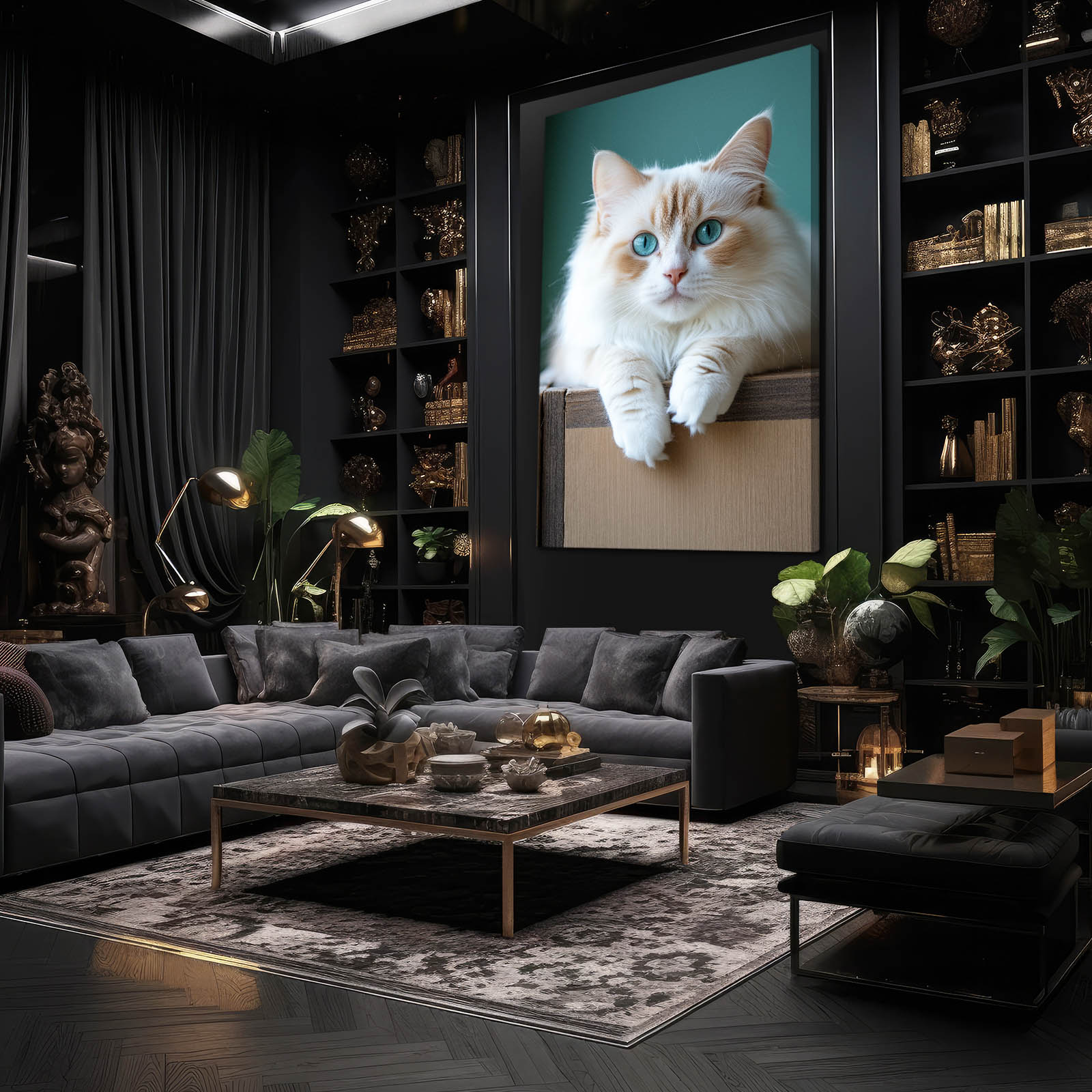 Box Perch Fluff Cat Wall Art — photography canvas print, styled in a furnished interior