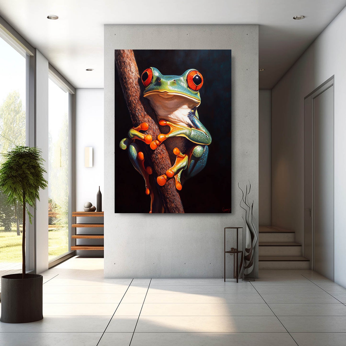 Branch Perch Treefrog Frog Canvas Art – styled in a furnished interior