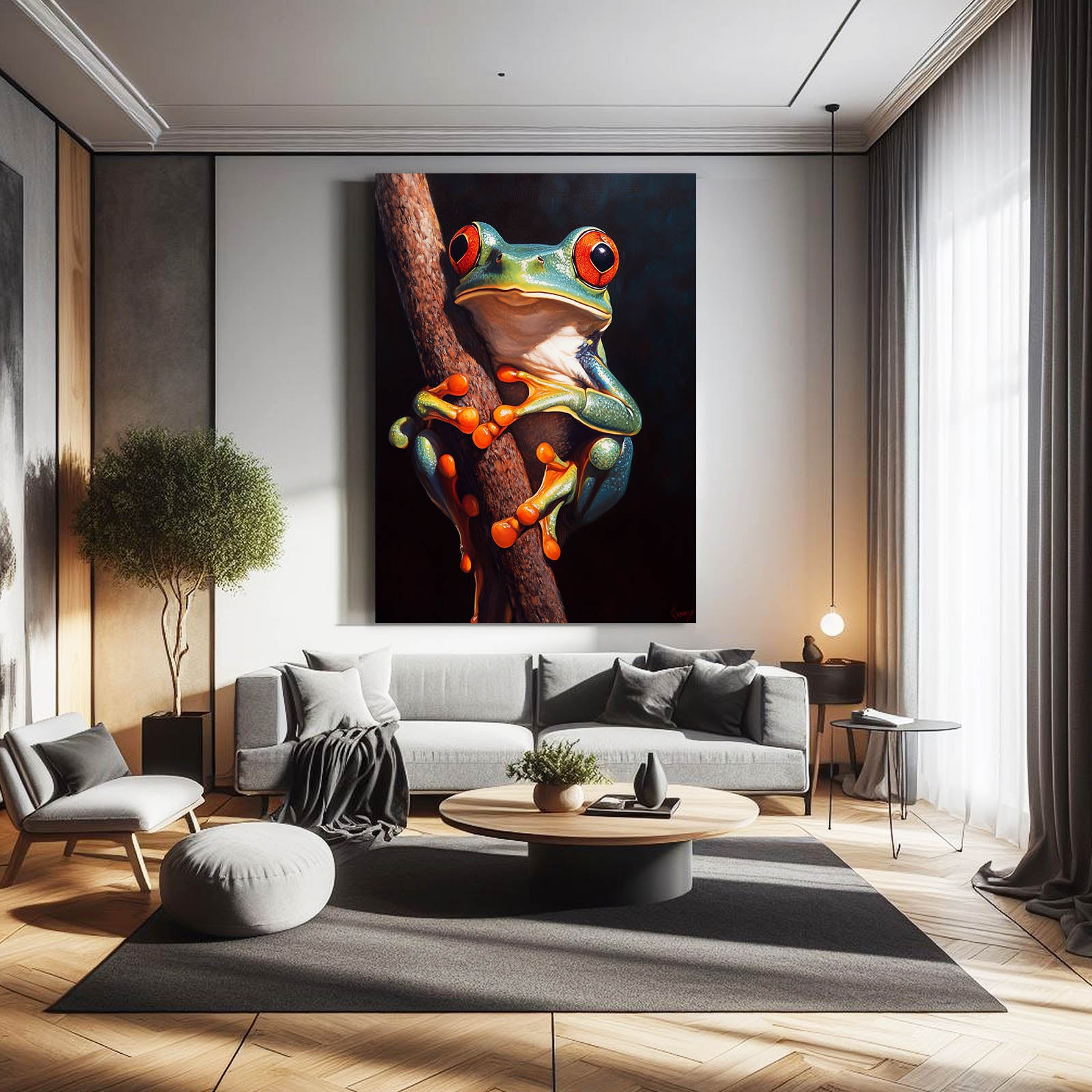 Branch Perch Treefrog Frog Canvas Art – styled in a furnished interior