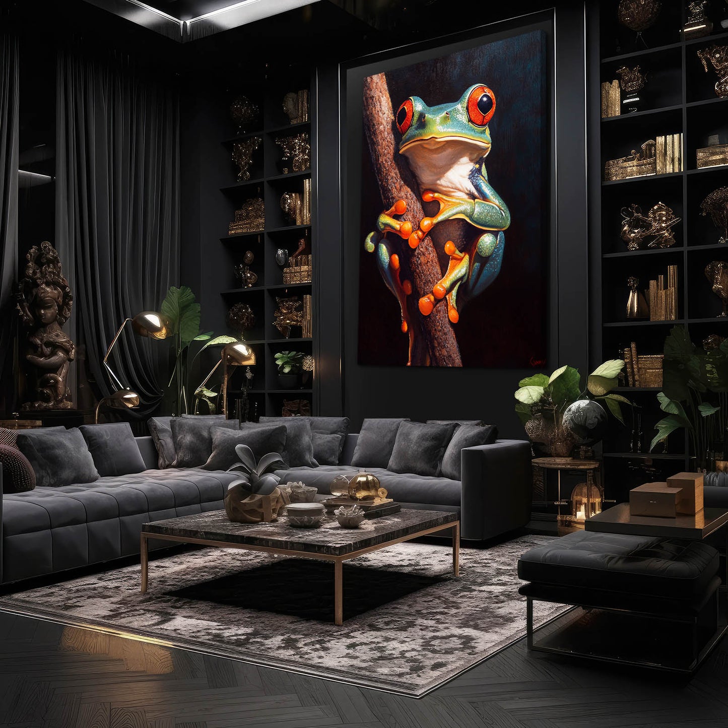 Branch Perch Treefrog Frog Canvas Art – styled in a furnished interior