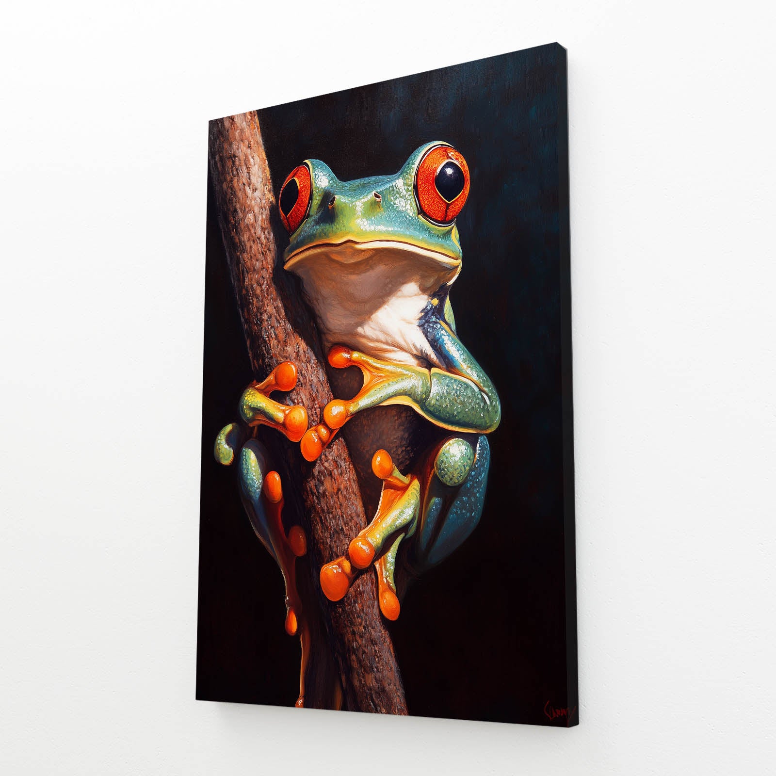 Branch Perch Treefrog Frog Canvas Art – angled canvas view on white background