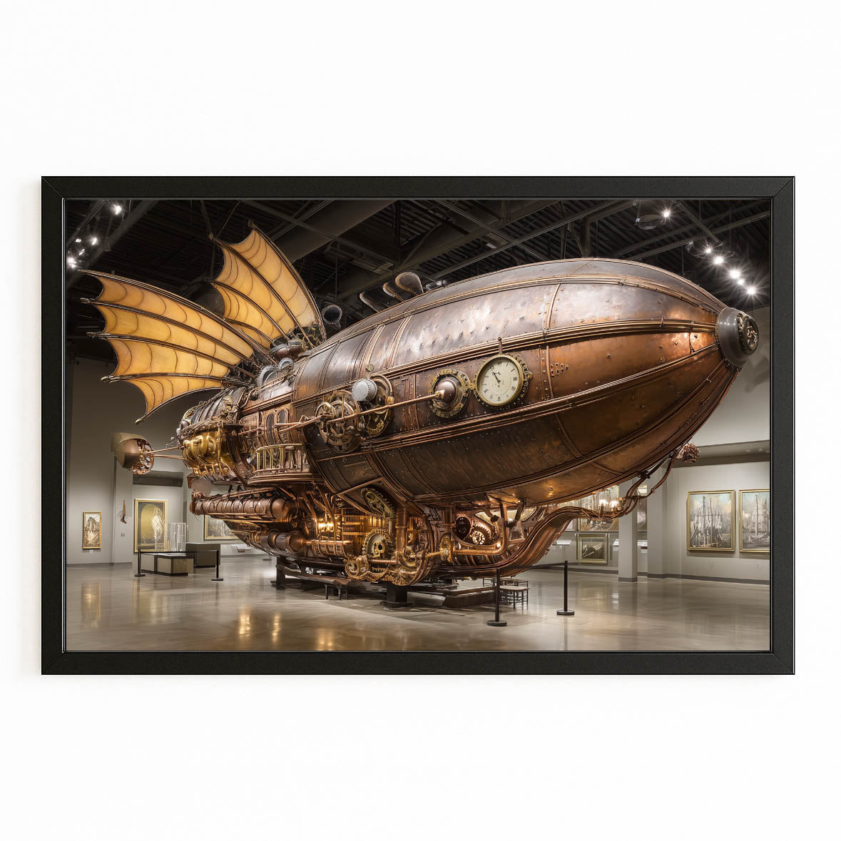 Brass Airship Hall Steampunk Wall Art – with Premium Black frame on white background