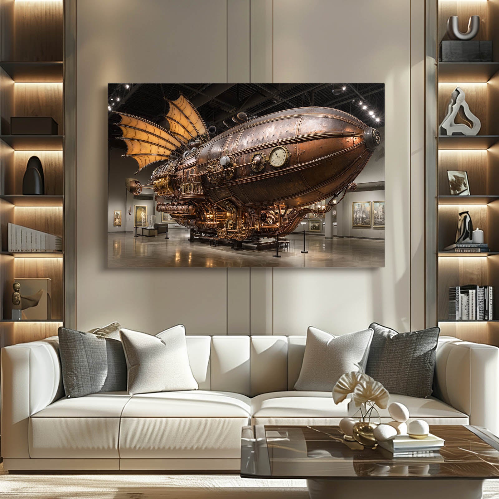 Brass Airship Hall Steampunk Wall Art – styled in a furnished interior