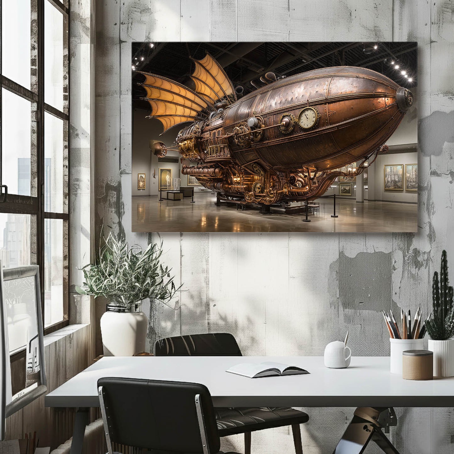 Brass Airship Hall Steampunk Wall Art – styled in a furnished interior