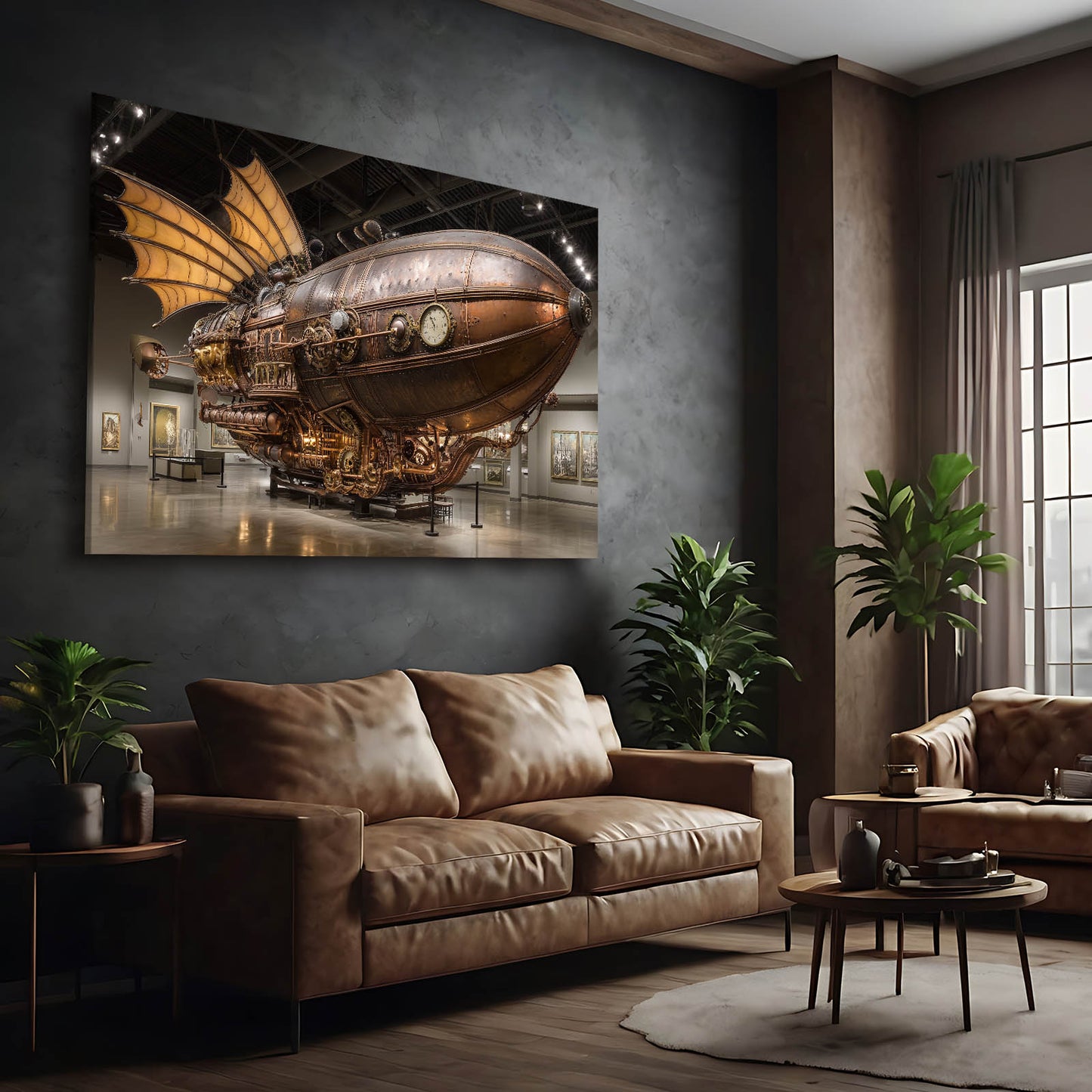 Brass Airship Hall Steampunk Wall Art – styled in a furnished interior
