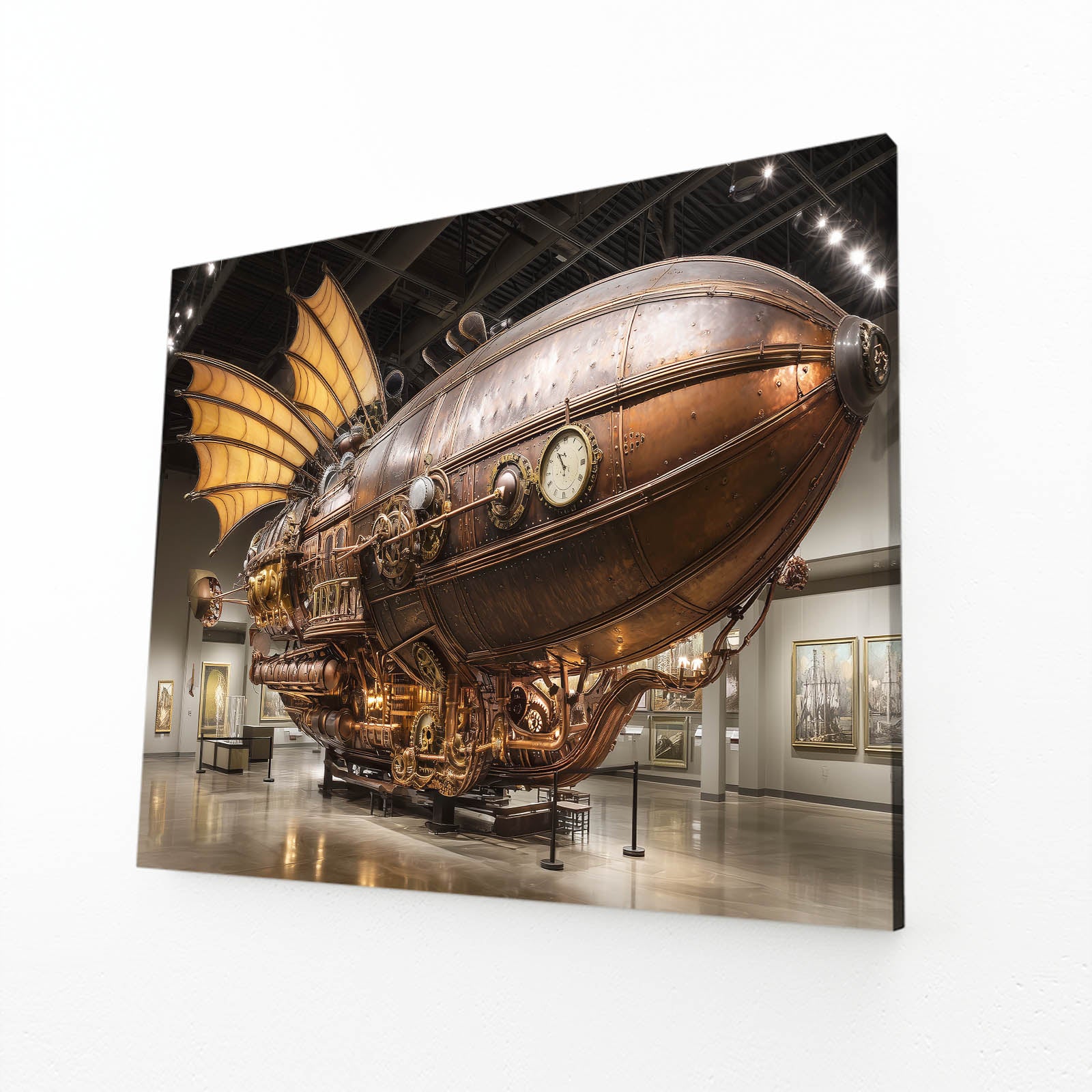 Brass Airship Hall Steampunk Wall Art – angled canvas view on white background