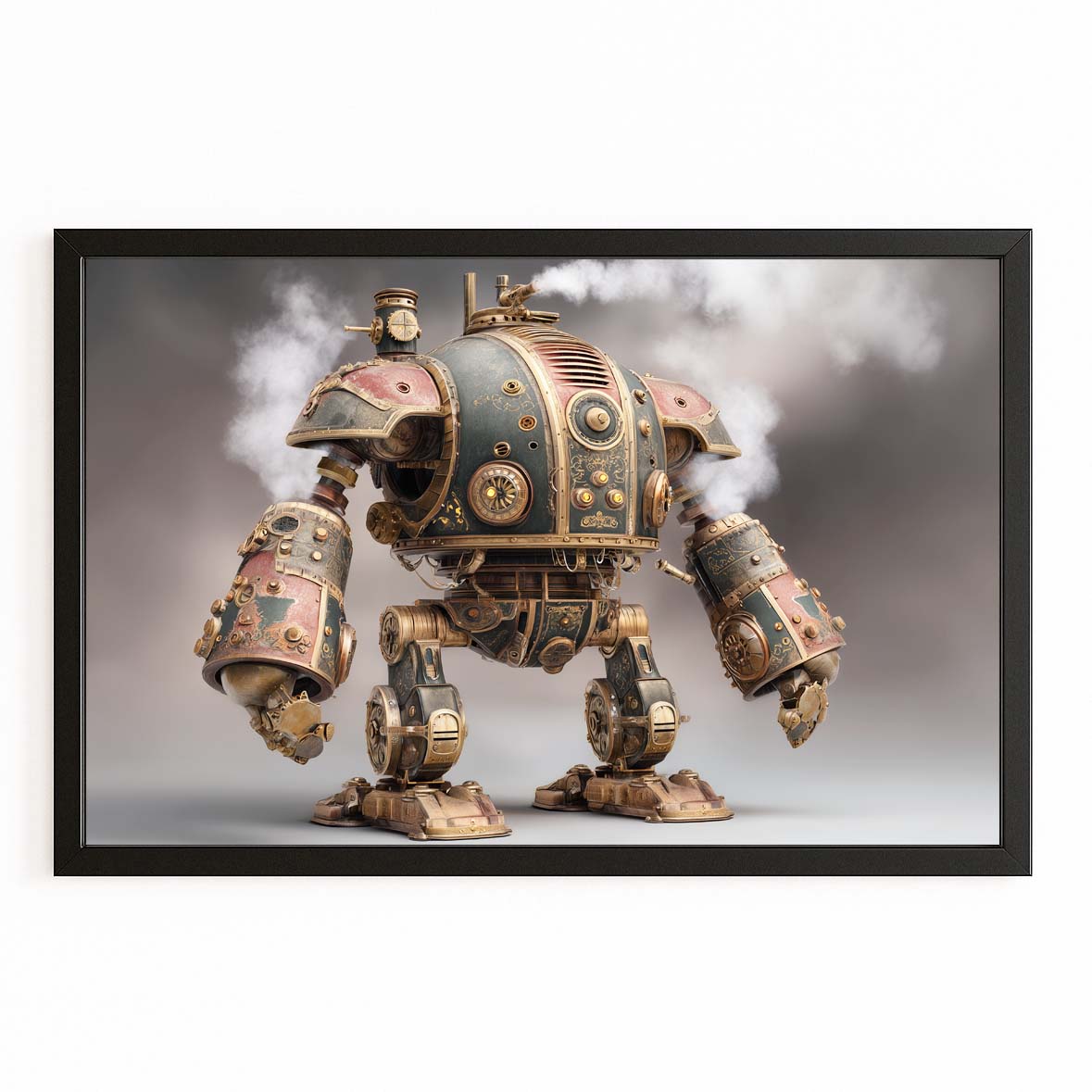 Brass Battle Mech Steampunk Wall Art – with Premium Black frame on white background