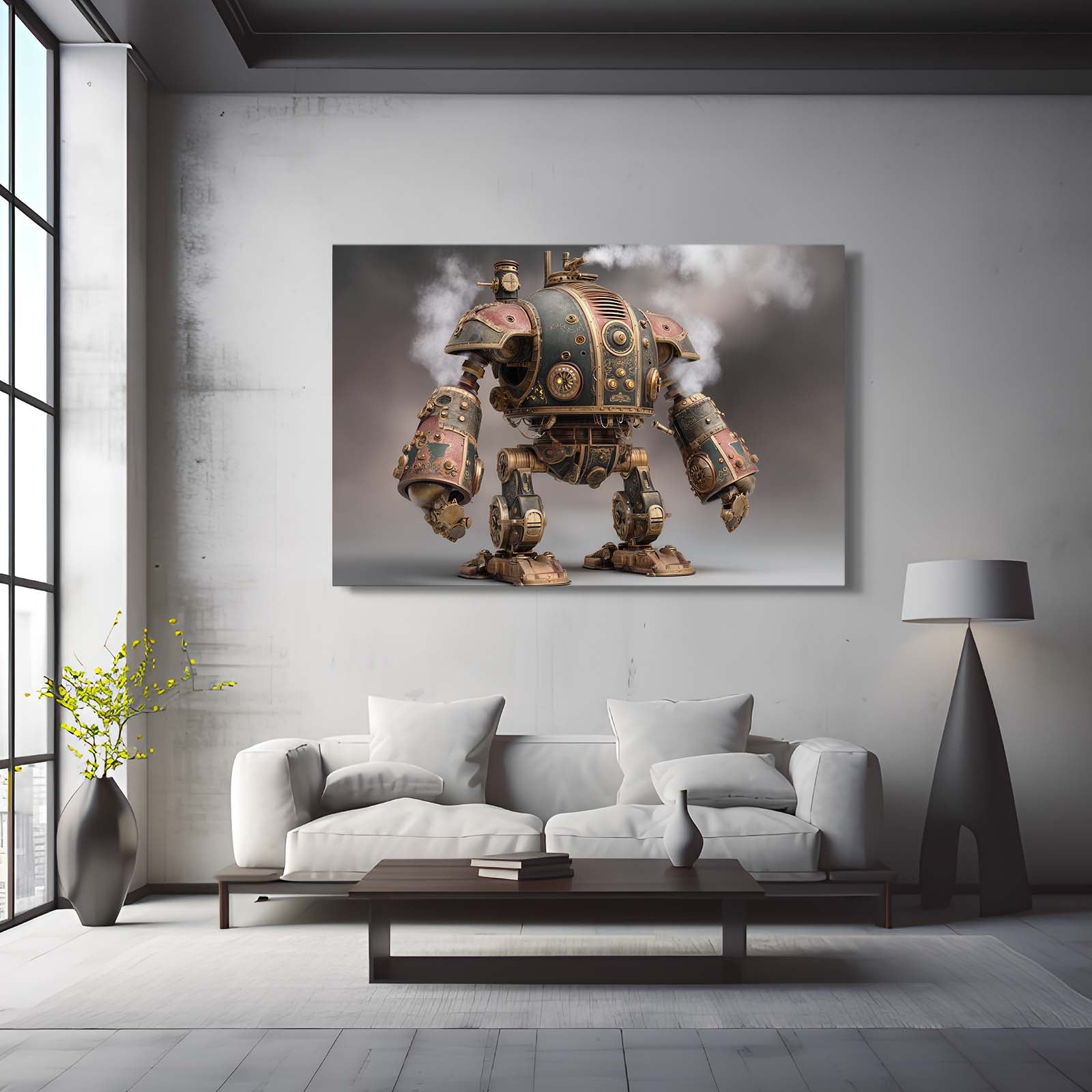 Brass Battle Mech Steampunk Wall Art – styled in a furnished interior