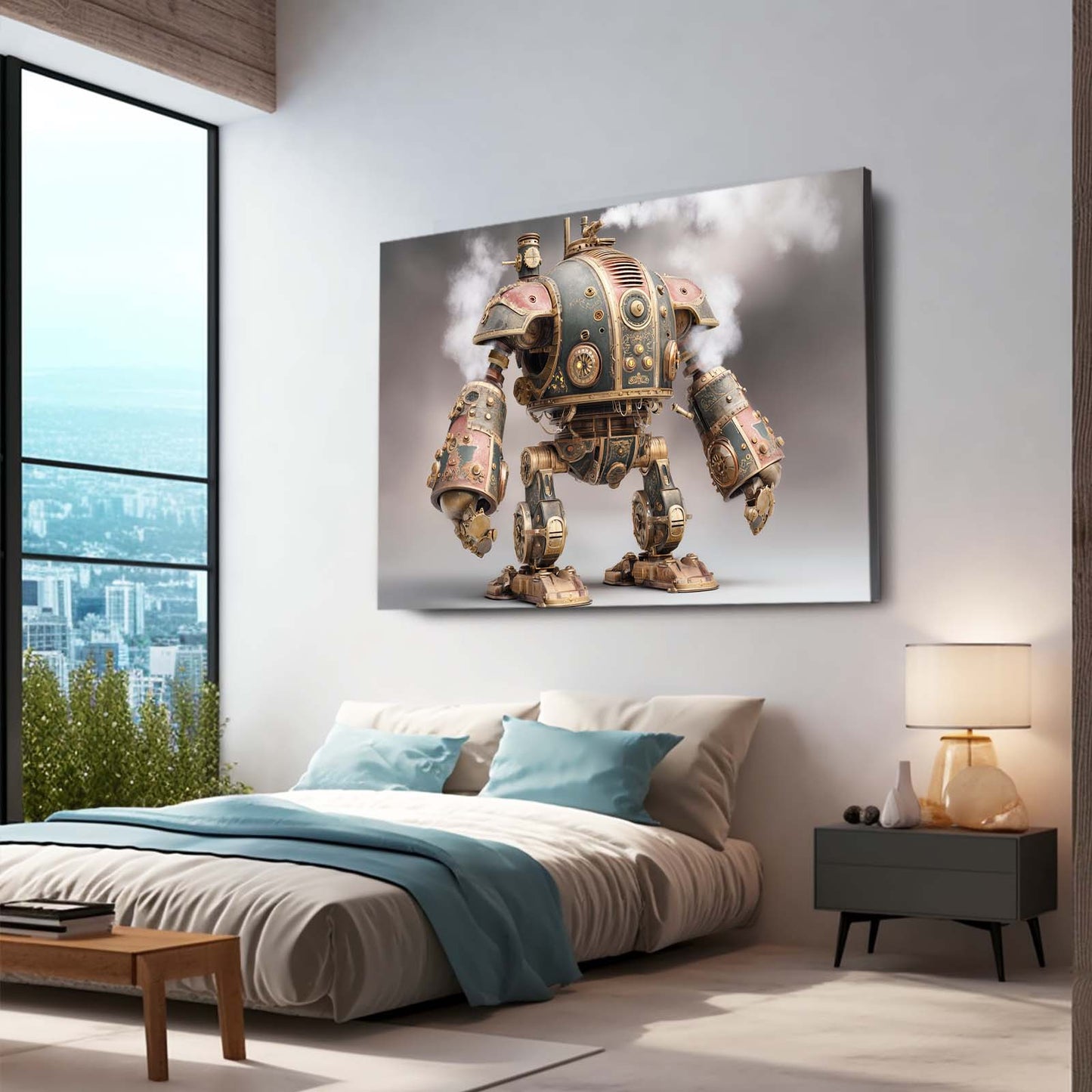 Brass Battle Mech Steampunk Wall Art – styled in a furnished interior