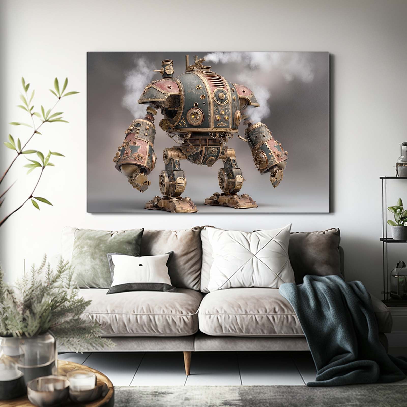 Brass Battle Mech Steampunk Wall Art – styled in a furnished interior