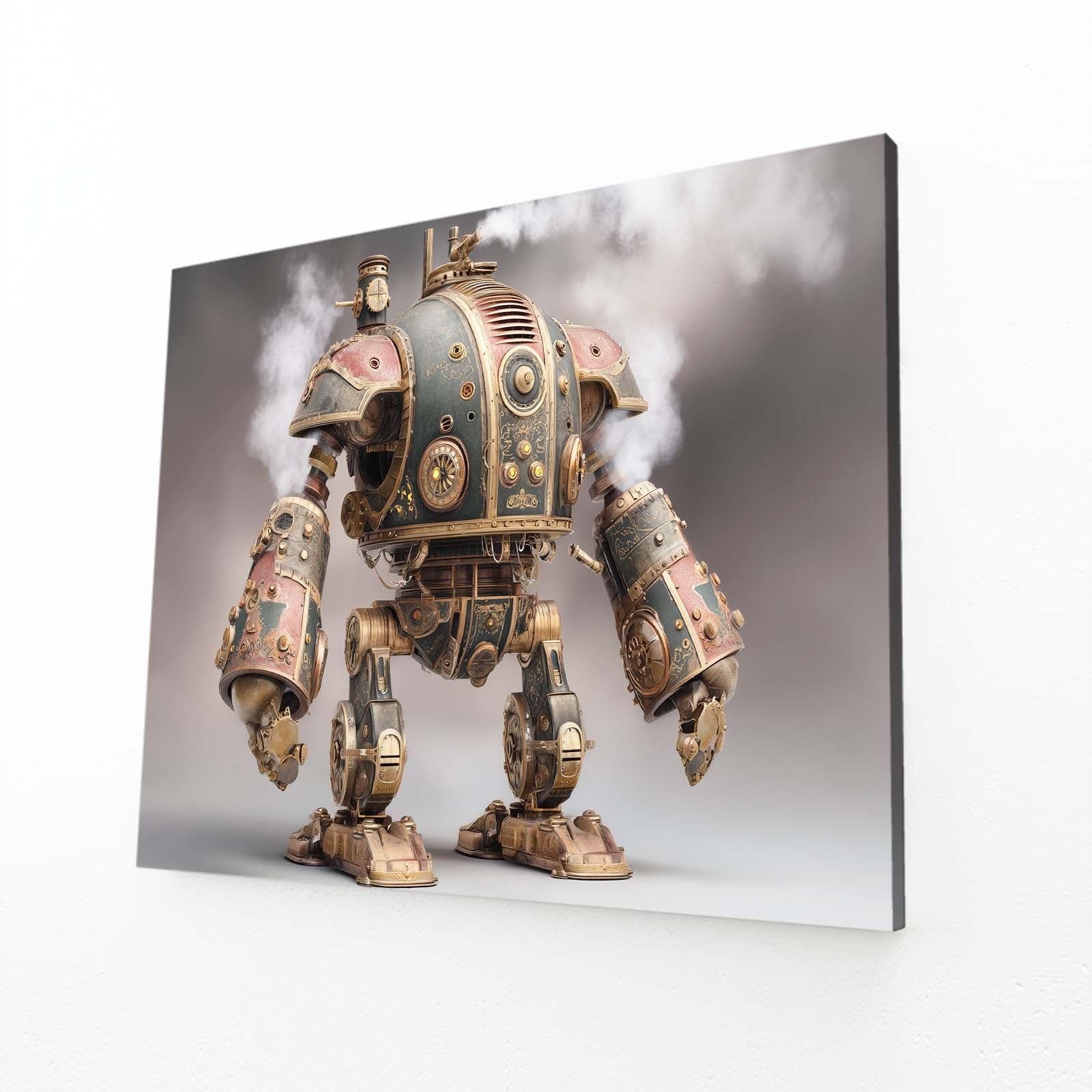 Brass Battle Mech Steampunk Wall Art – angled canvas view on white background