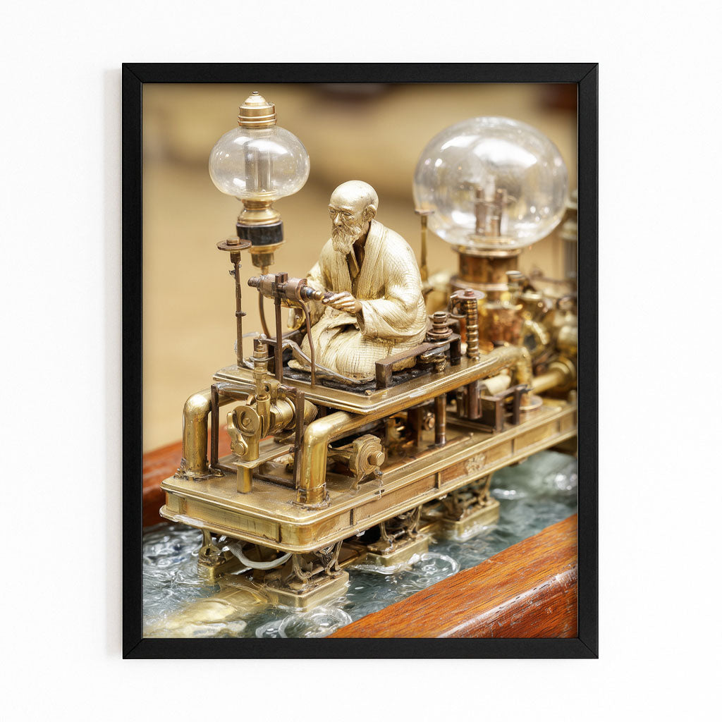 Brass Bulb Locomotive Steampunk Canvas Art – with Premium Black frame on white background