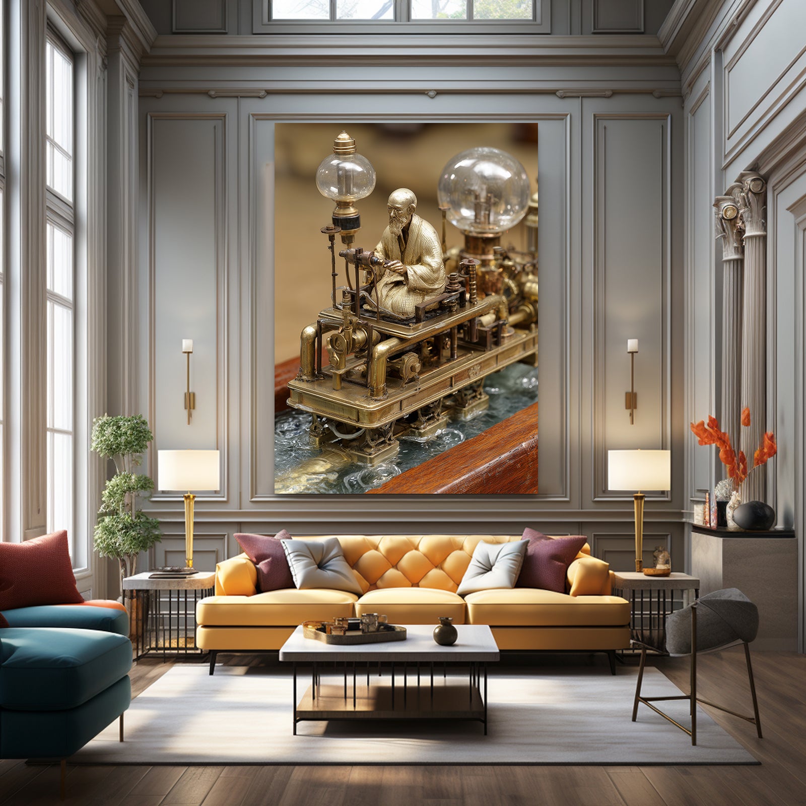 Brass Bulb Locomotive Steampunk Canvas Art – styled in a furnished interior