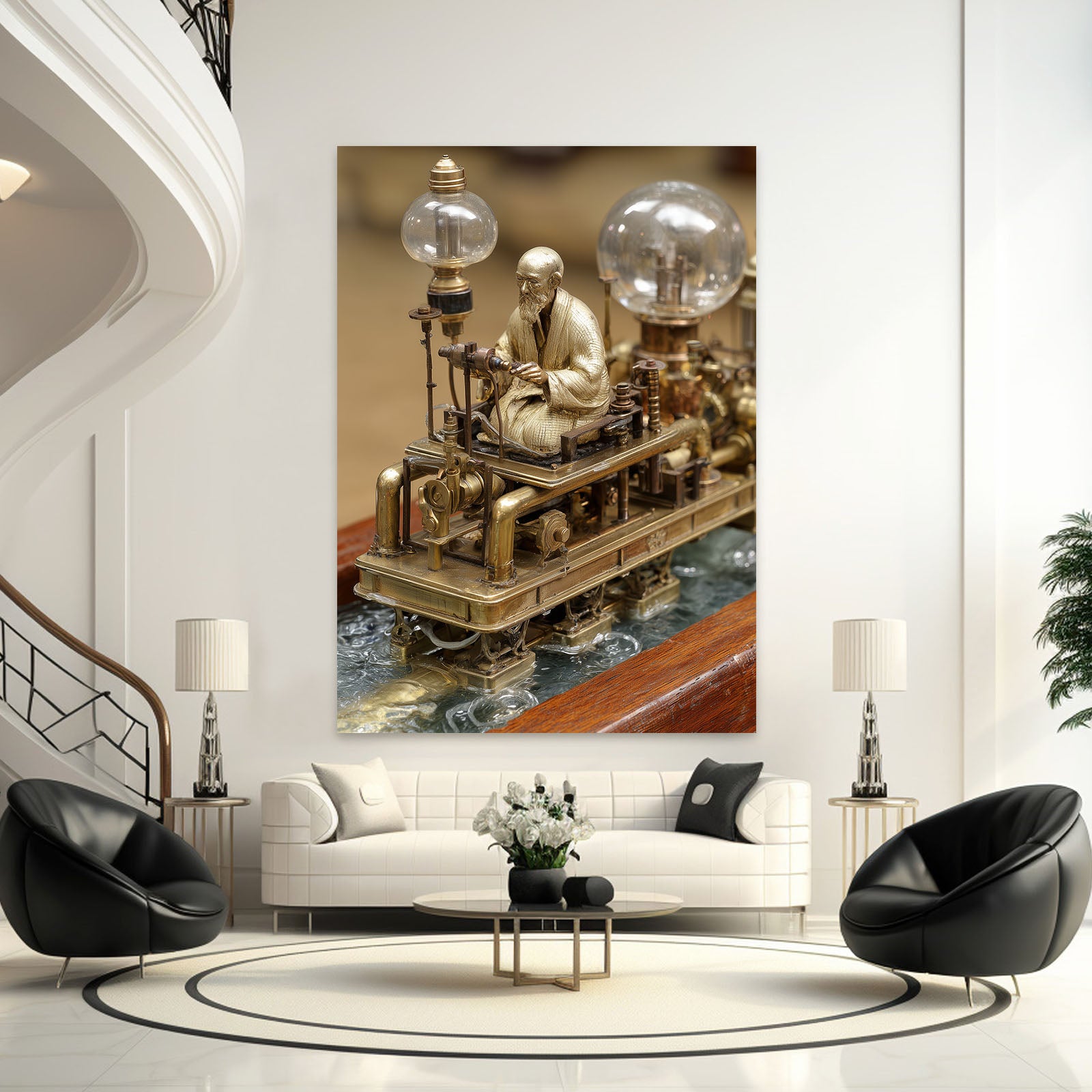 Brass Bulb Locomotive Steampunk Canvas Art – styled in a furnished interior