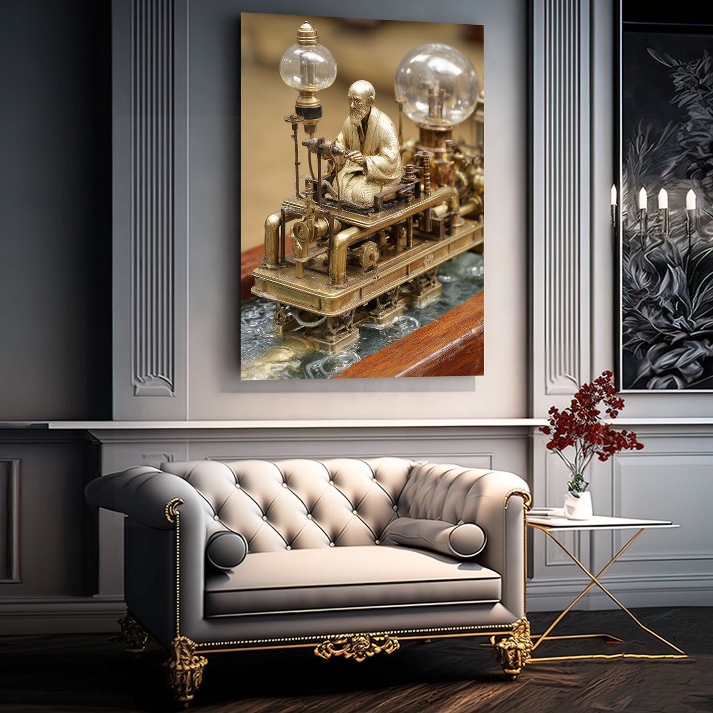 Brass Bulb Locomotive Steampunk Canvas Art – styled in a furnished interior