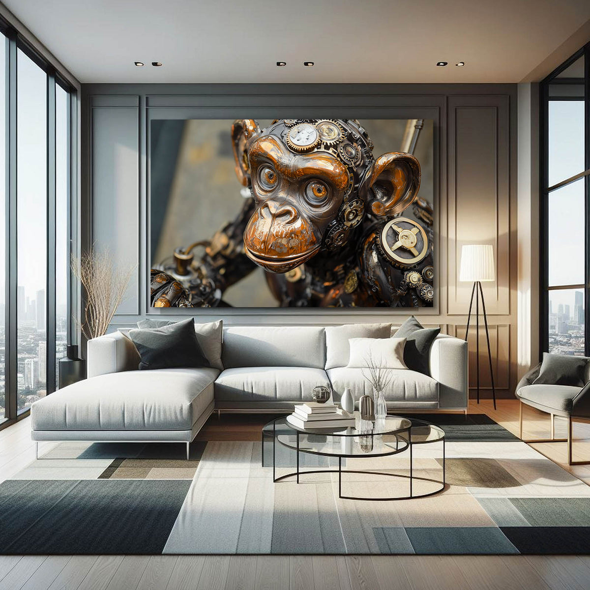 Brass Clockwork Monkey Wall Decor — vintage canvas print, styled in a furnished interior