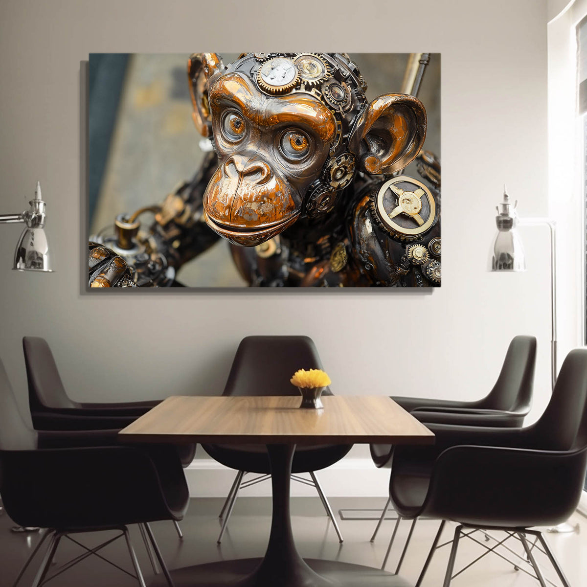 Brass Clockwork Monkey Wall Decor — vintage canvas print, styled in a furnished interior