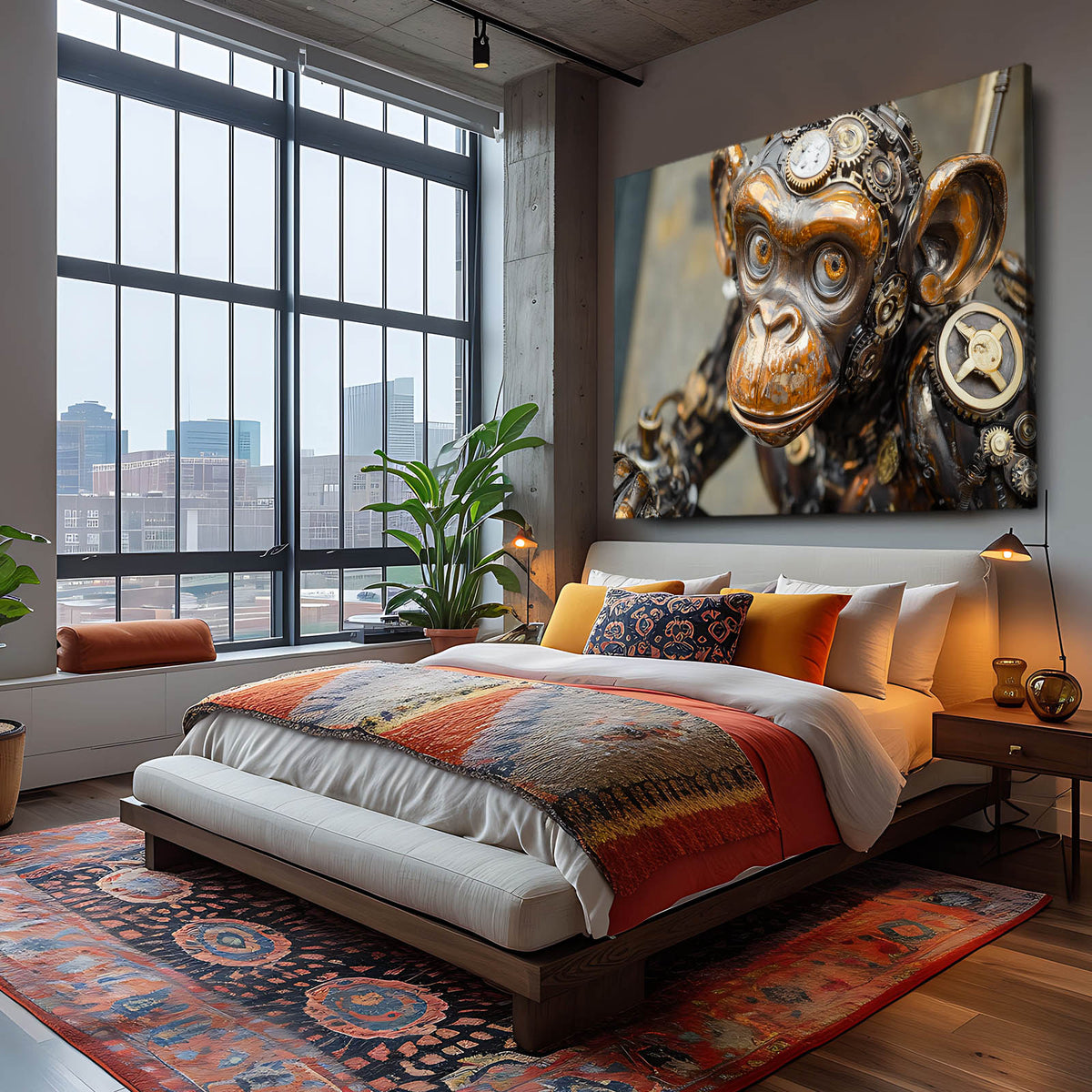 Brass Clockwork Monkey Wall Decor — vintage canvas print, styled in a furnished interior