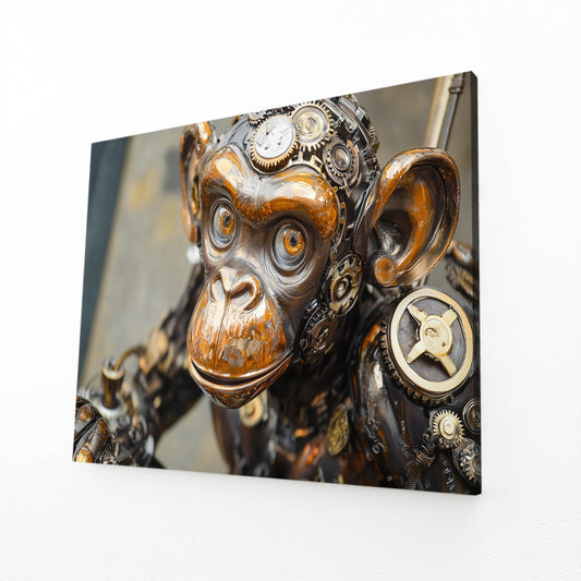 Brass Clockwork Monkey Wall Decor – angled canvas view on white background