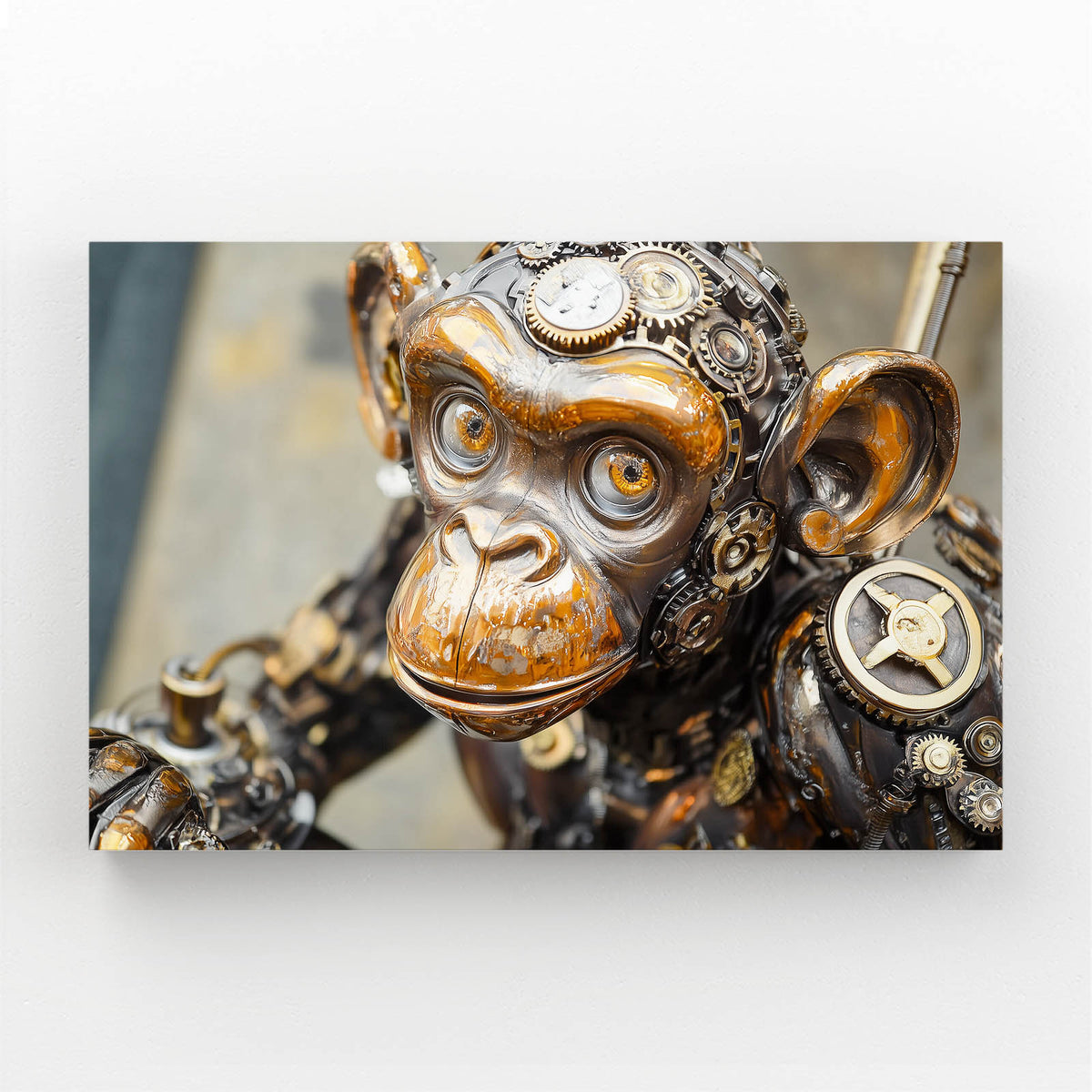 Brass Clockwork Monkey Wall Decor — vintage canvas print, angled canvas view on white background