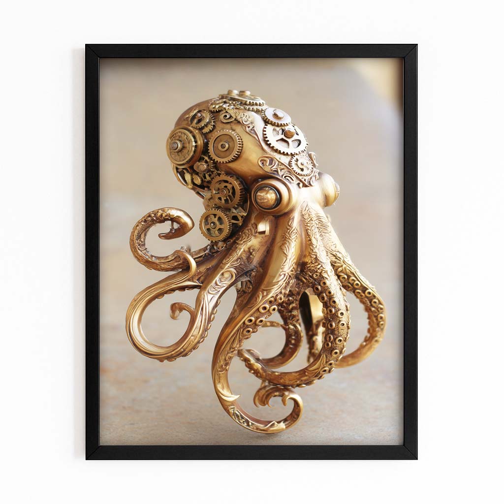Brass Clockwork Octopus Canvas – with Premium Black frame on white background