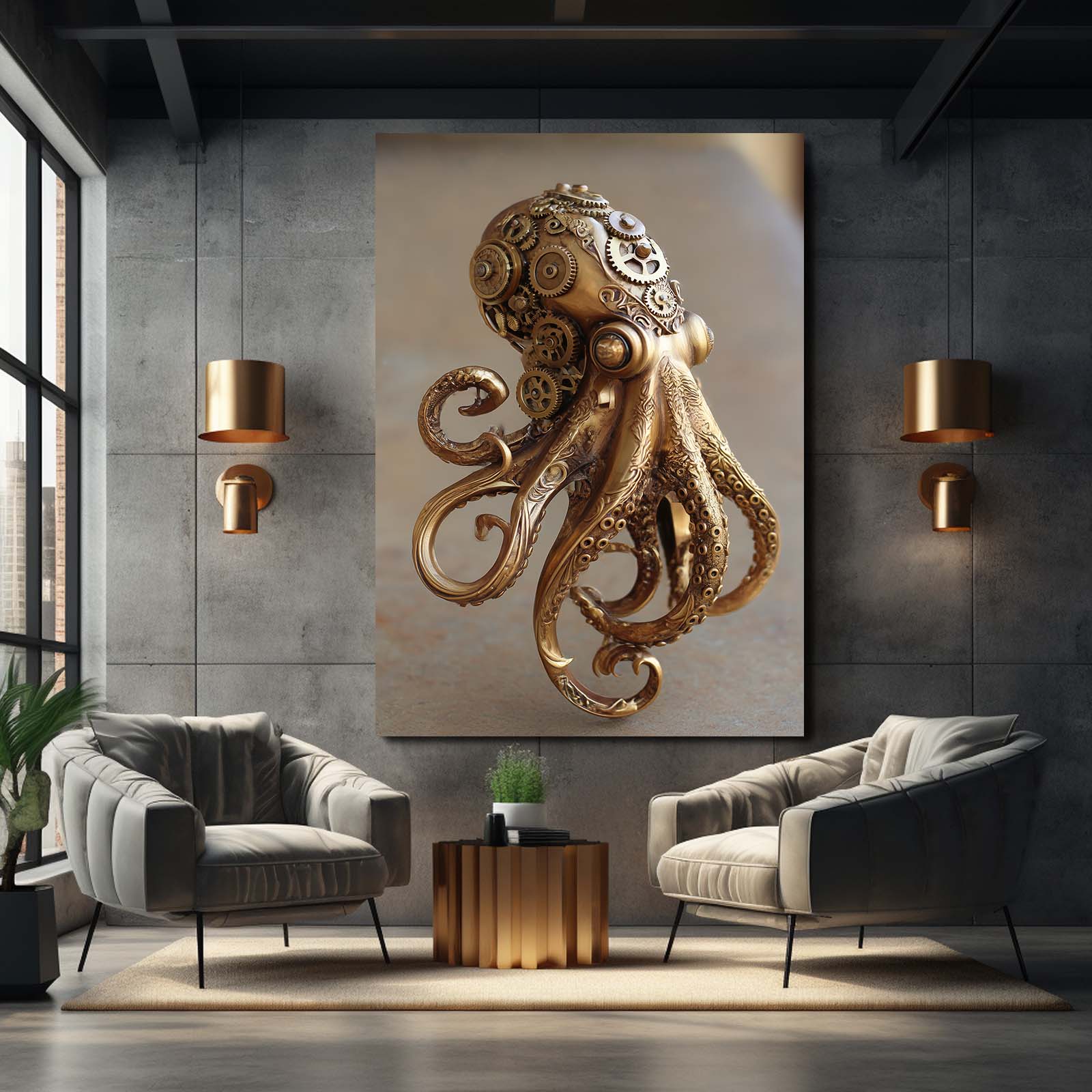 Brass Clockwork Octopus Canvas – styled in a furnished interior
