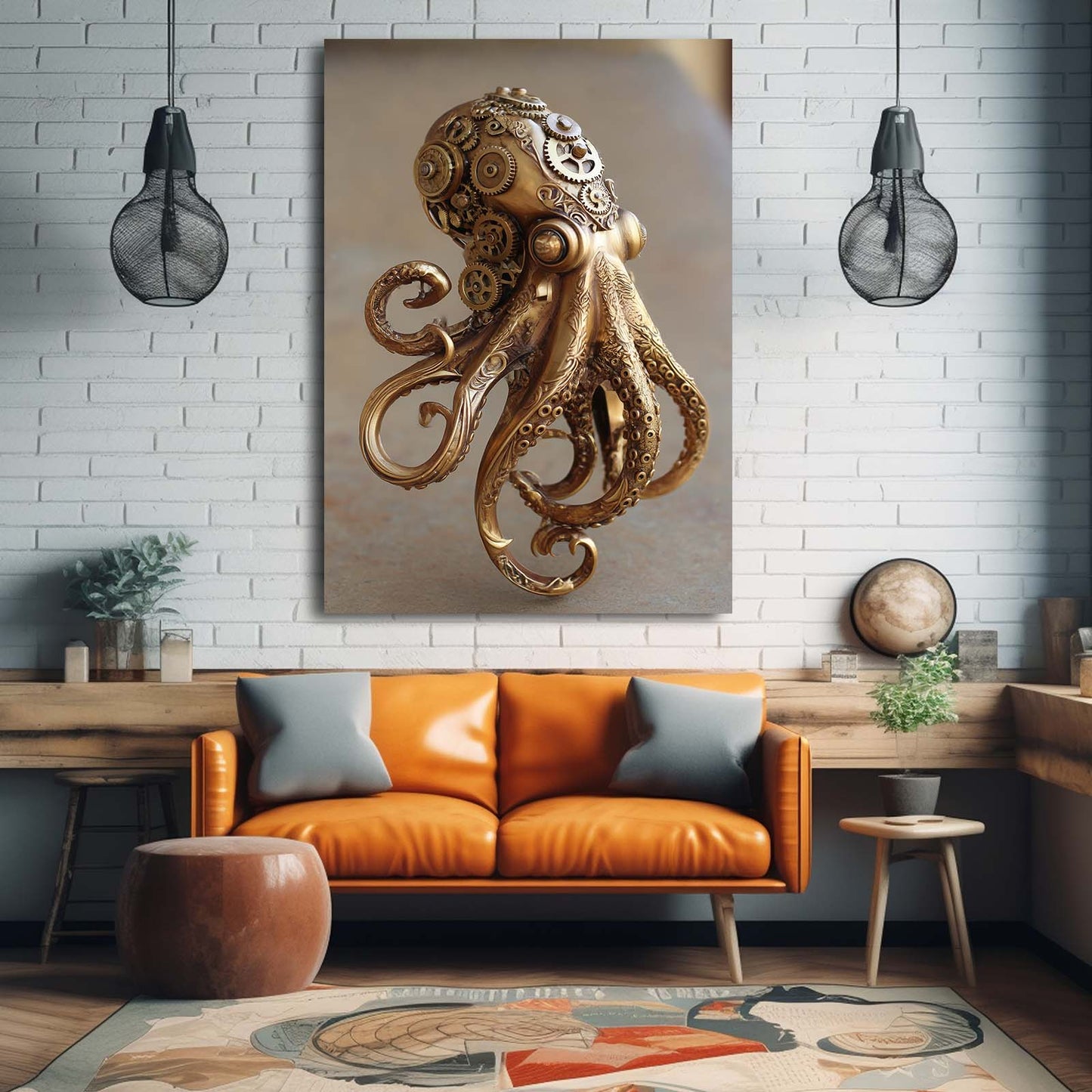 Brass Clockwork Octopus Canvas – styled in a furnished interior