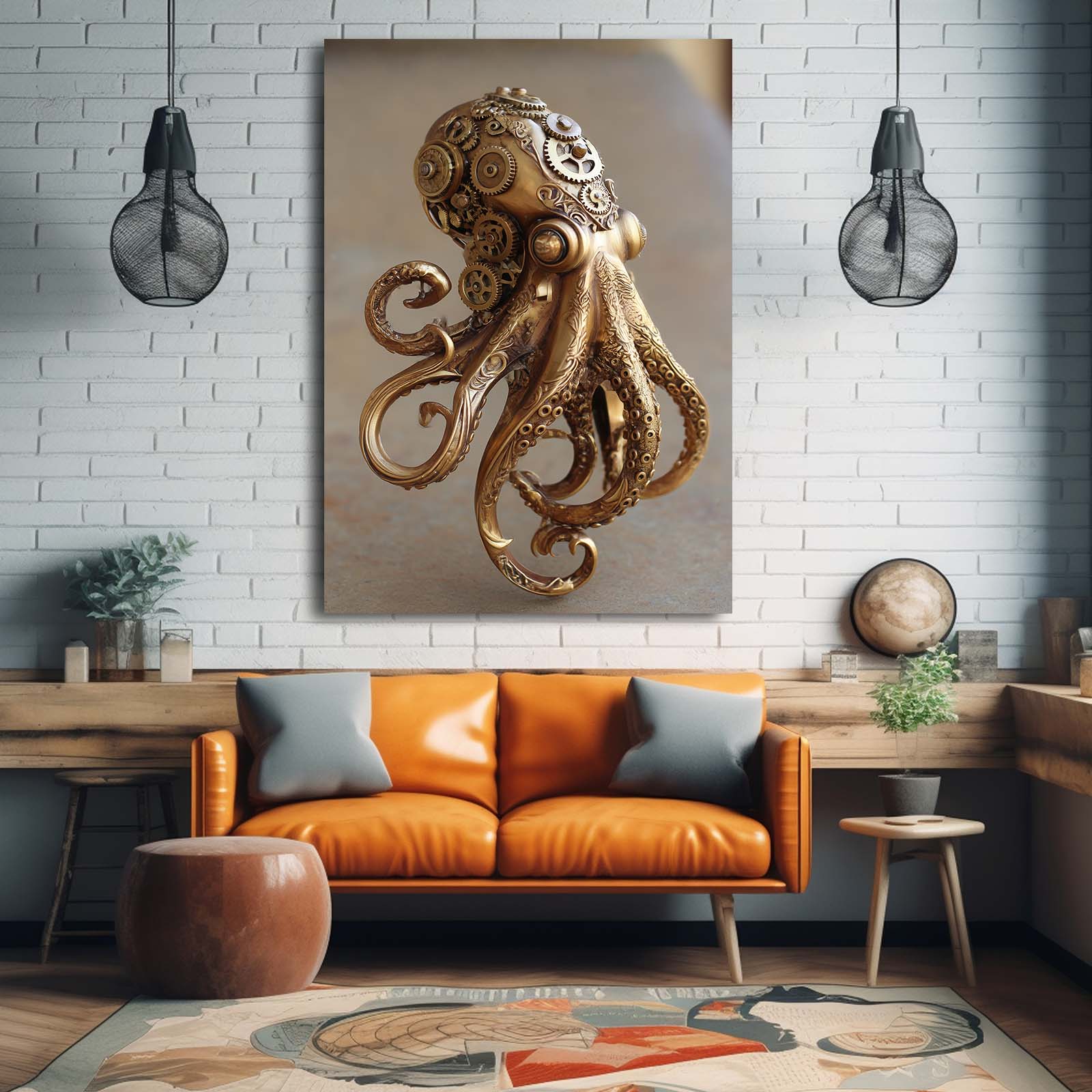 Brass Clockwork Octopus Canvas – styled in a furnished interior