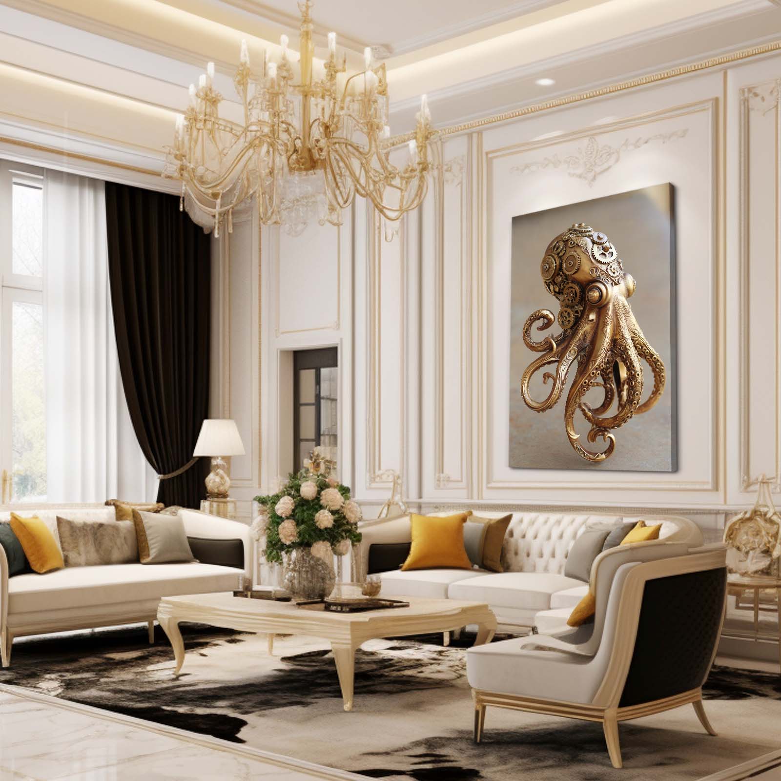 Brass Clockwork Octopus Canvas – styled in a furnished interior
