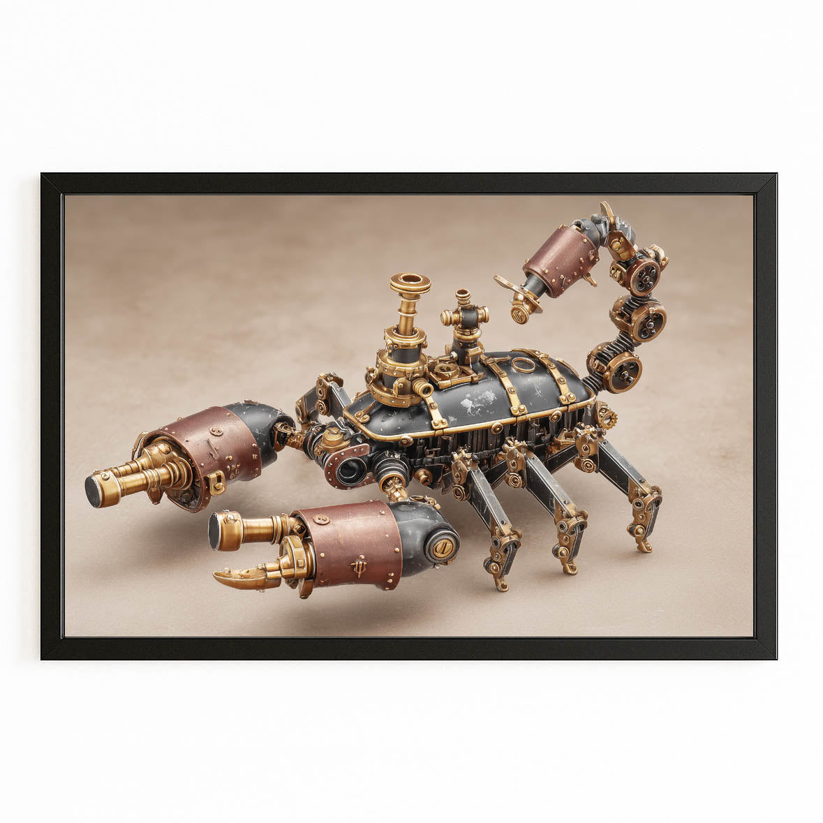 Brass Clockwork Scorpion Steampunk Wall Decor – with Premium Black frame on white background