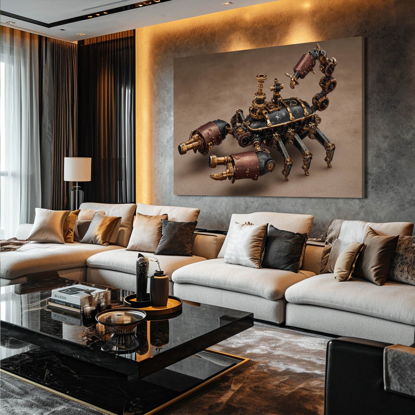 Brass Clockwork Scorpion Steampunk Wall Decor – styled in a furnished interior