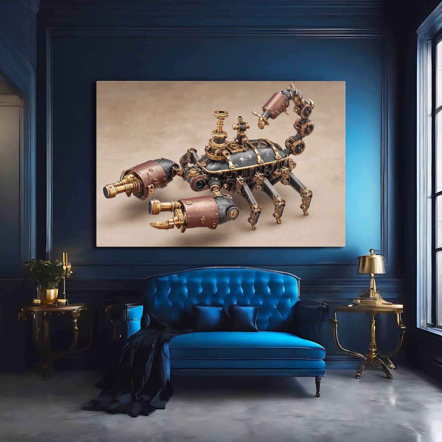 Brass Clockwork Scorpion Steampunk Wall Decor – styled in a furnished interior